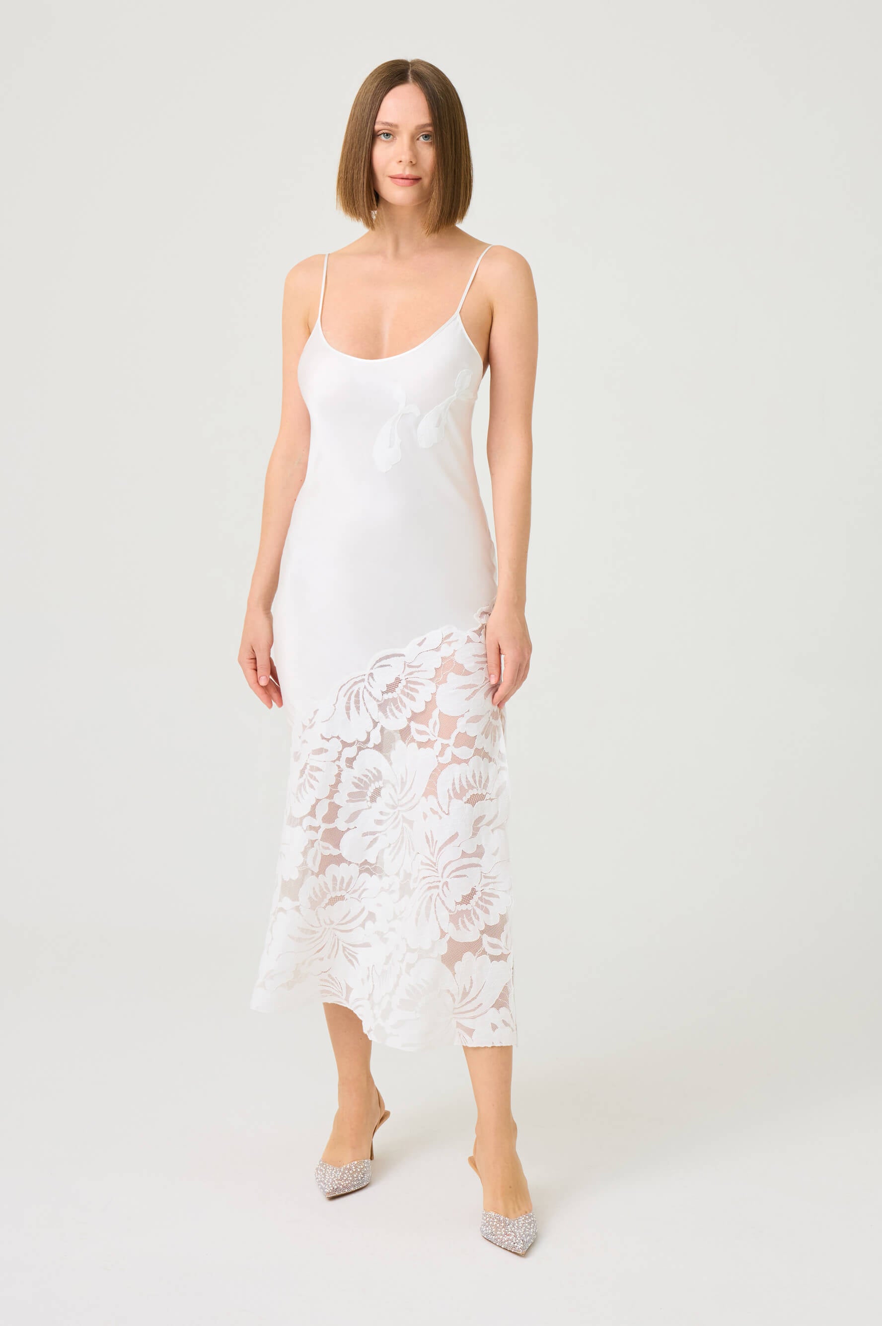 Dalia Long Rayon Robe Set with Off White Lace on Off White