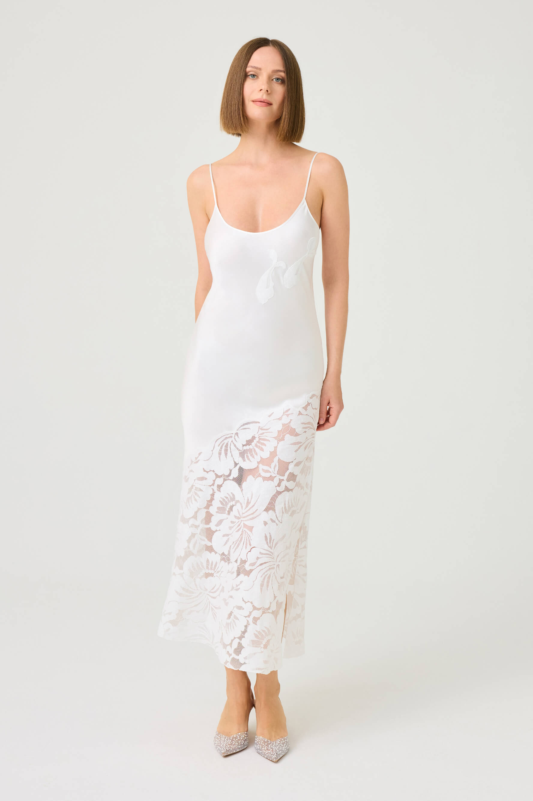 Dalia Long Rayon Robe Set with Off White Lace on Off White