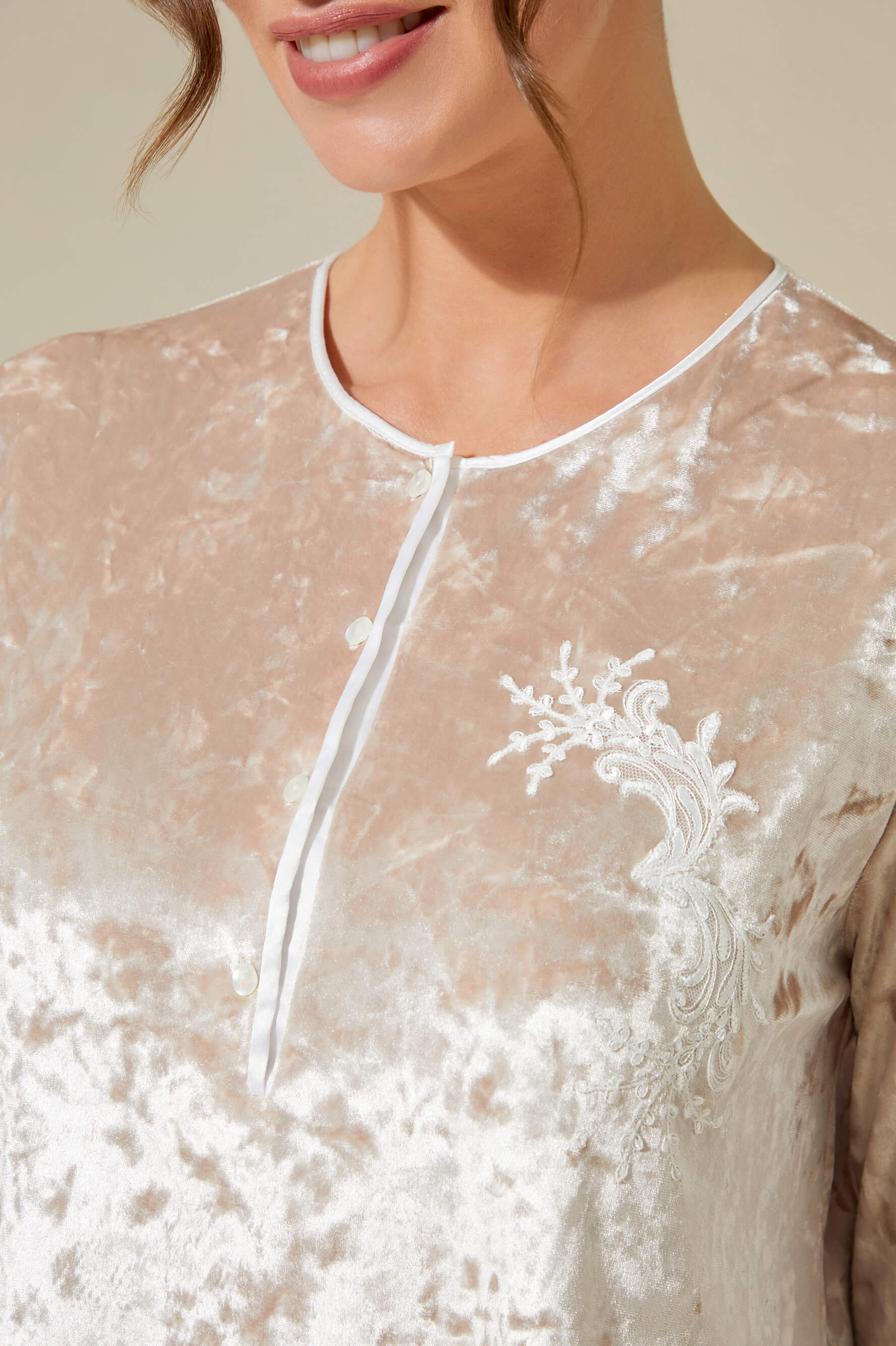 Latifa Trimmed and Buttoned Velvet PJ Set - Beige on Off White