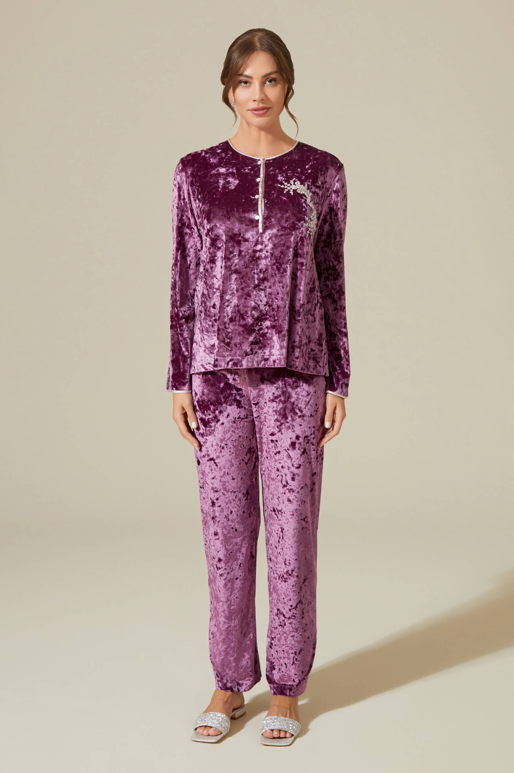 Nihal Long Velvet Robe Set Twith Matching Velvet PJ Set with Button - Powder on Plum