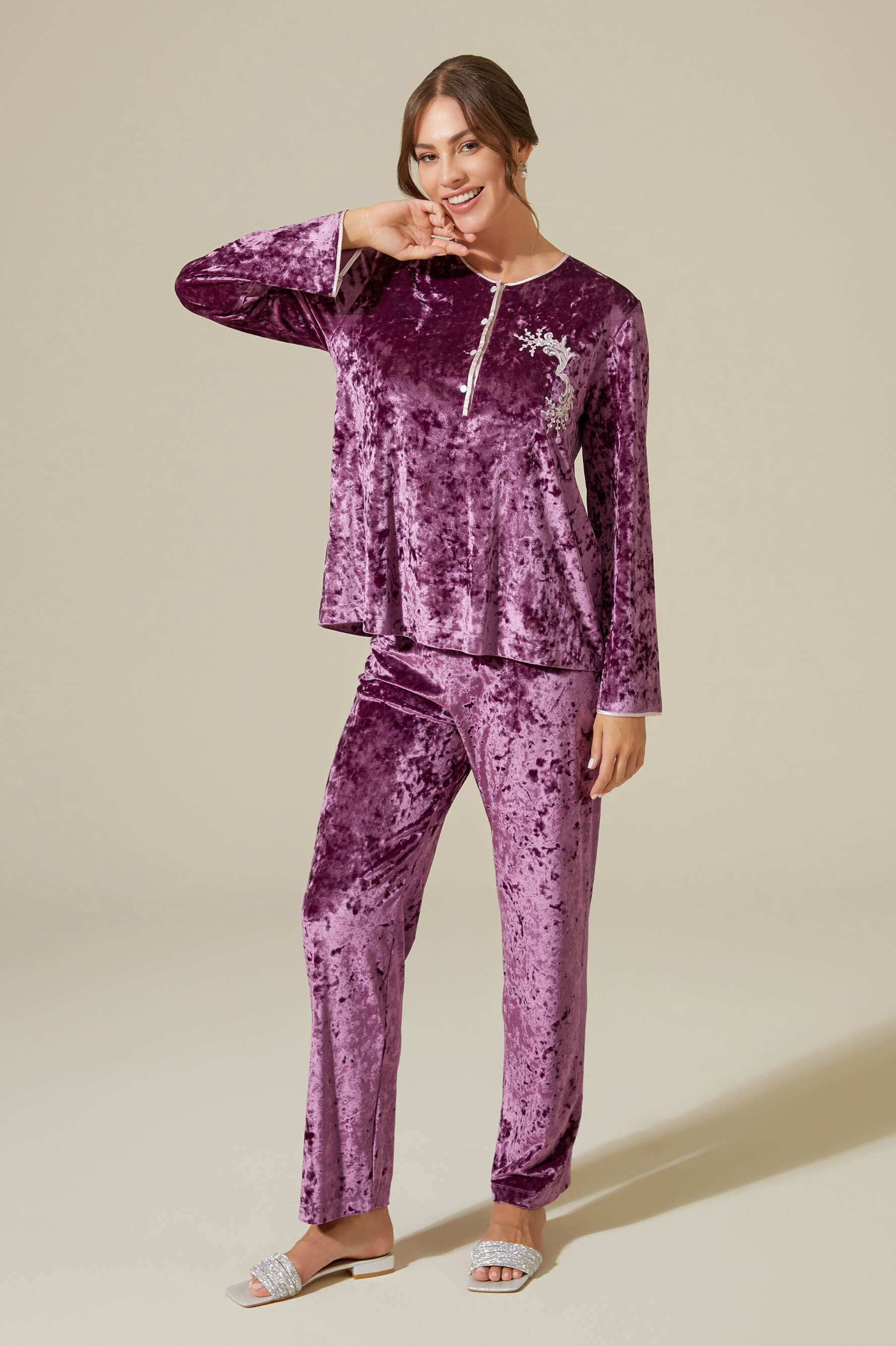 Nihal Long Velvet Robe Set Twith Matching Velvet PJ Set with Button - Powder on Plum