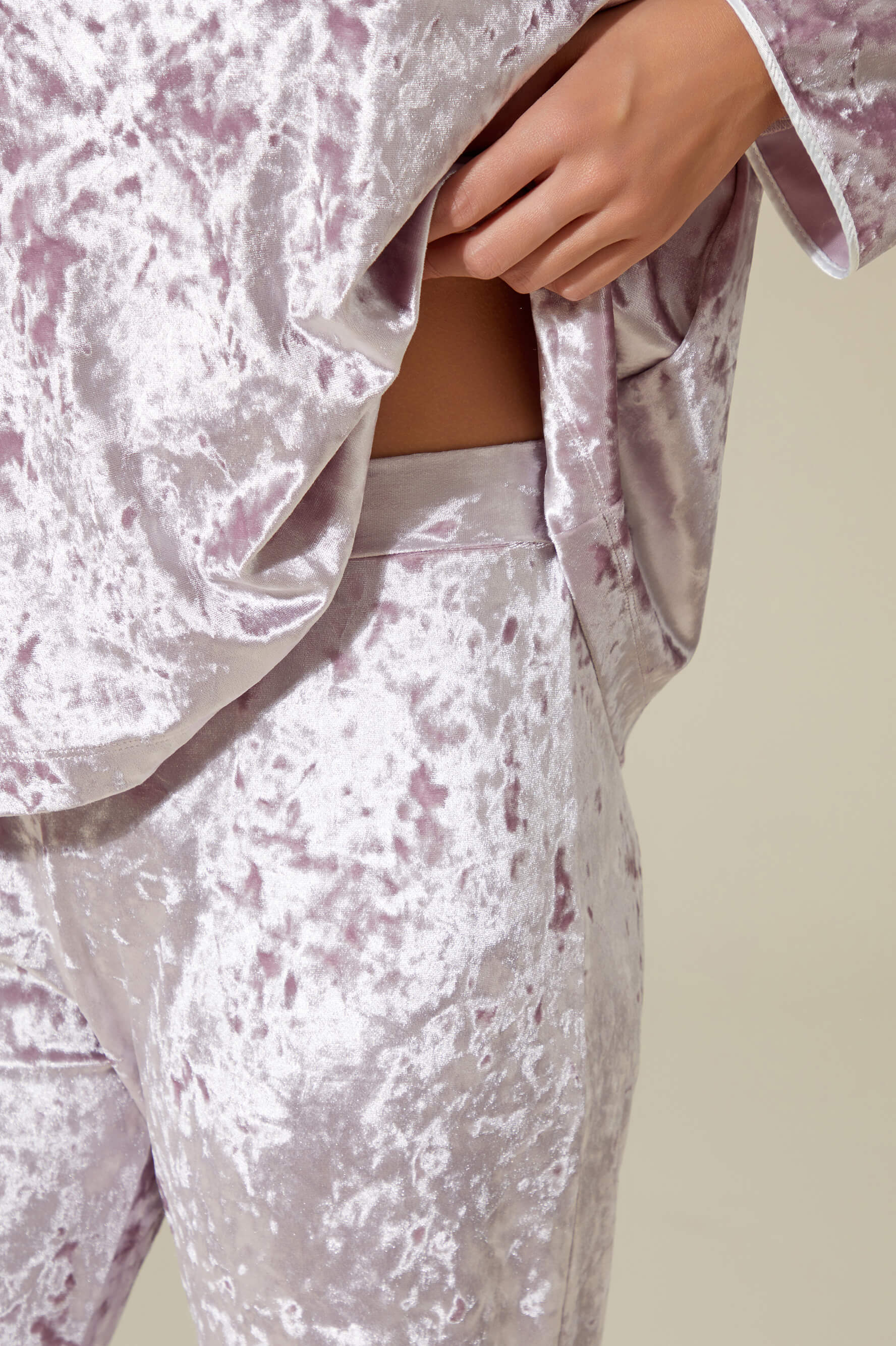 Nihal Long Velvet Robe Set Twith Matching Velvet PJ Set with Button - Powder on Powder