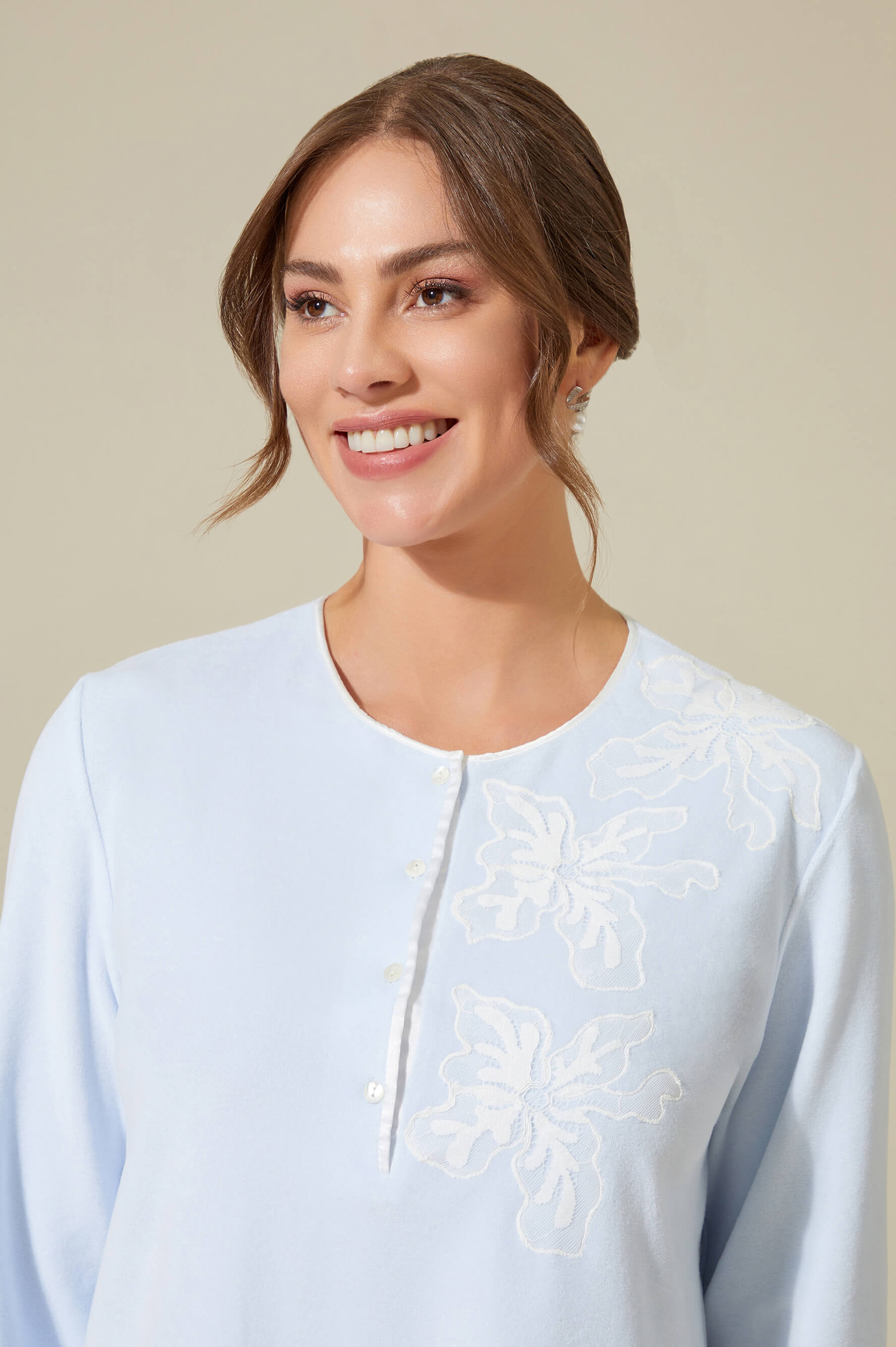 Delphinus Long Velvet Zippered Robe Set with Matching Velvet PJ Set with Button - Off White on Baby Blue