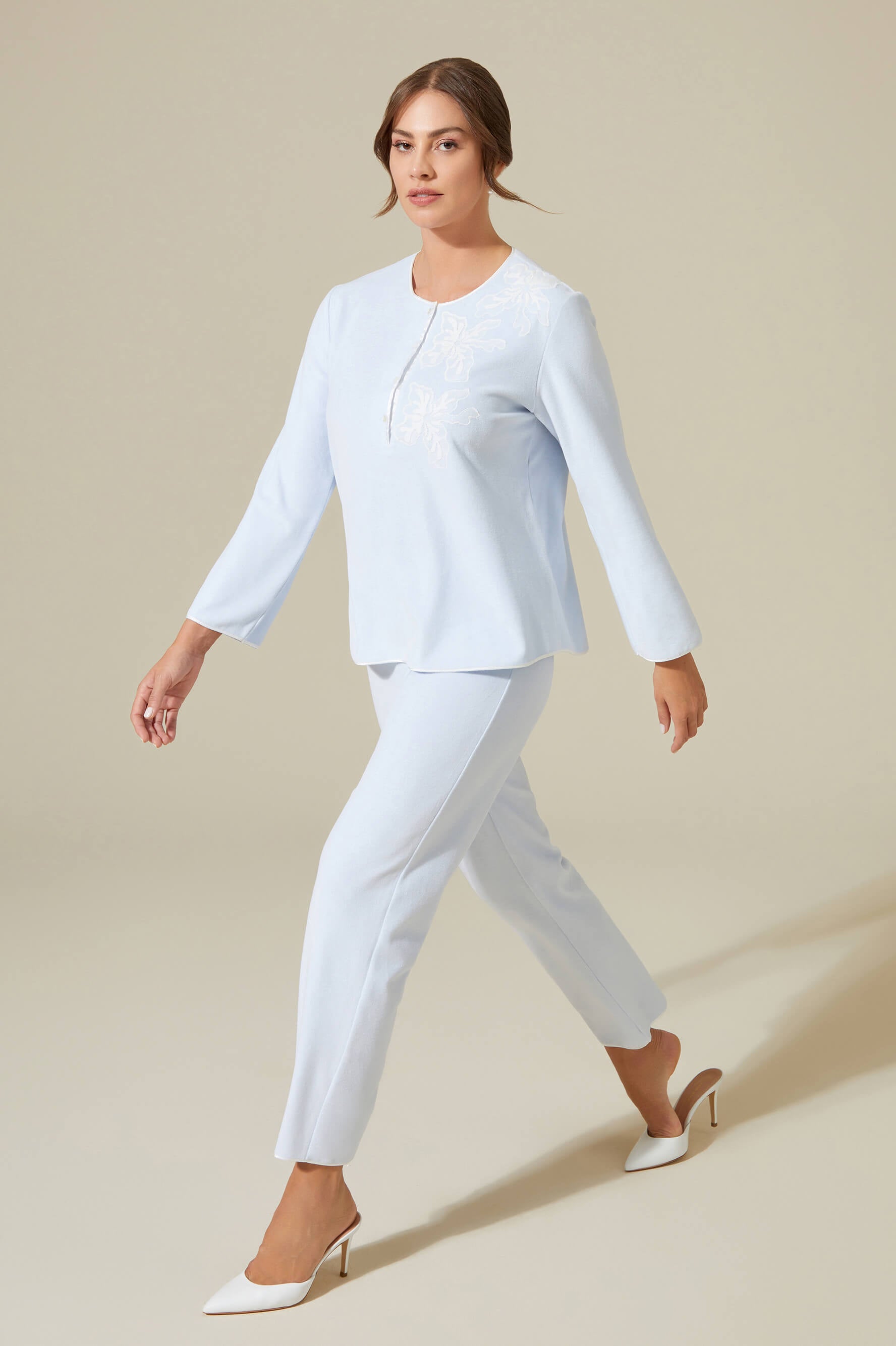 Delphinus Long Velvet Zippered Robe Set with Matching Velvet PJ Set with Button - Off White on Baby Blue