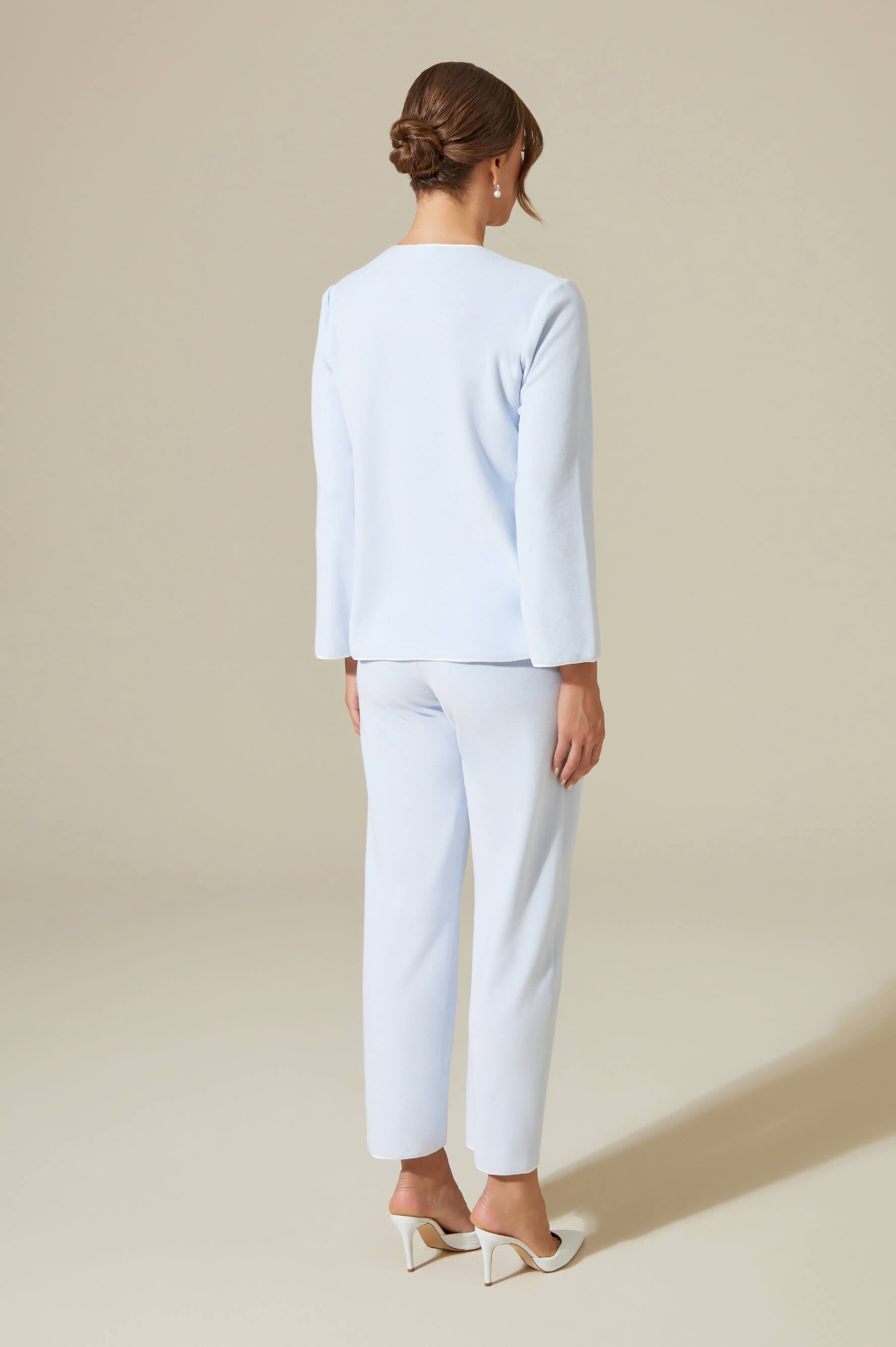 Delphinus Long Velvet Zippered Robe Set with Matching Velvet PJ Set with Button - Off White on Baby Blue
