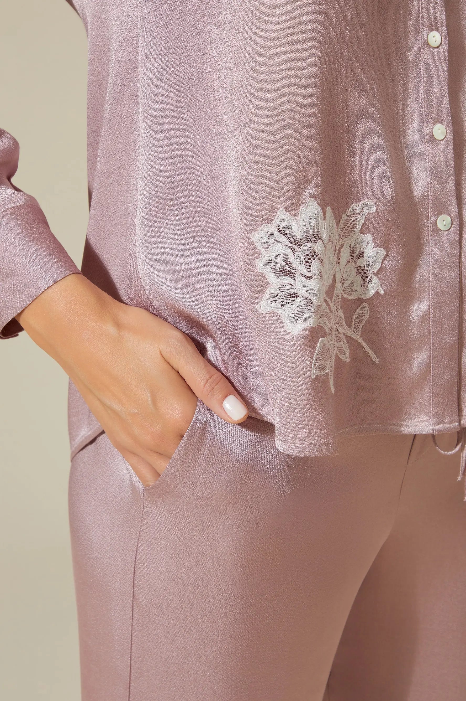 Ayana Trimmed Rayon and Buttoned Long Sleeve Pyjama Set - Powder