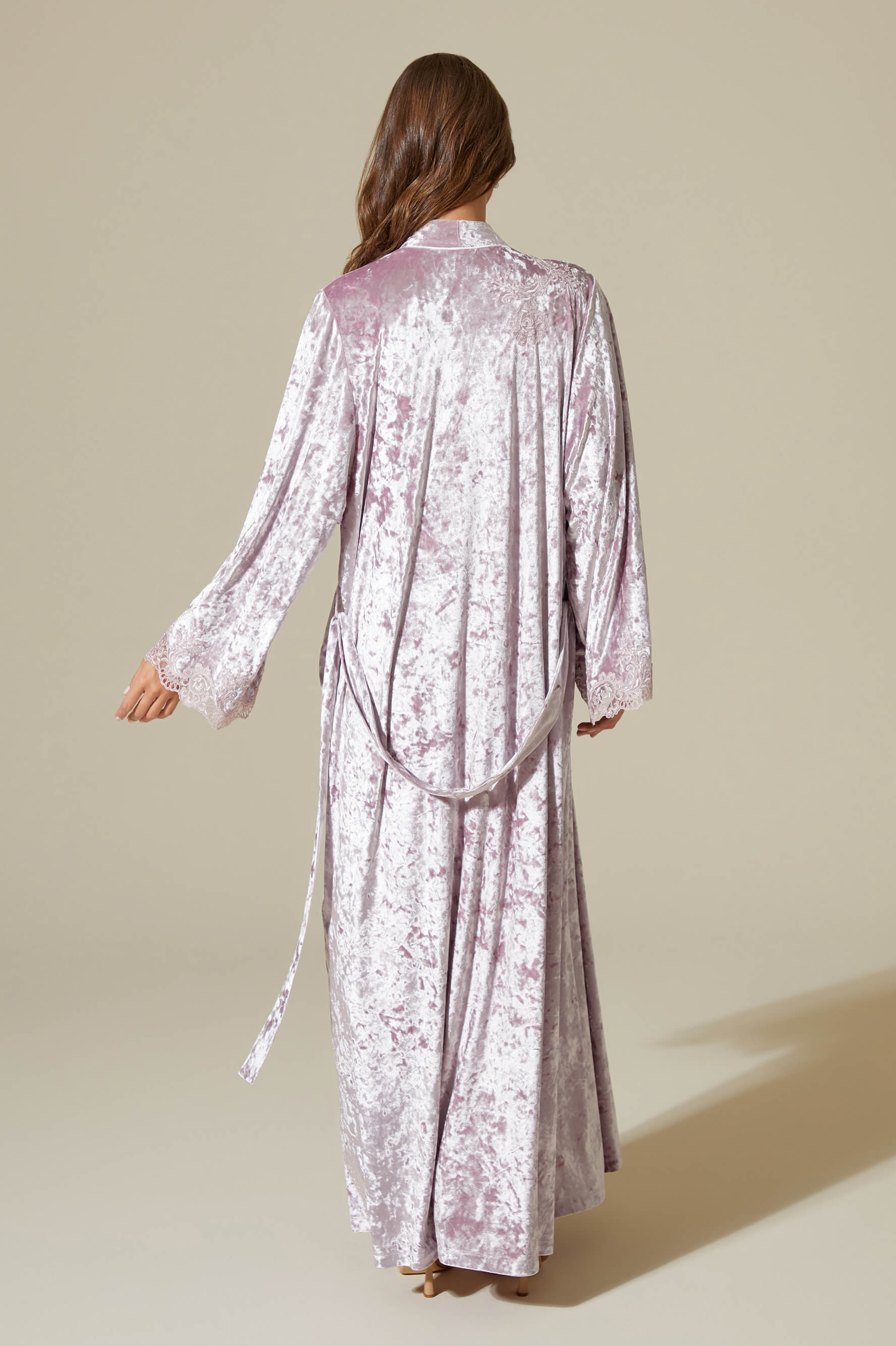 Nihal Long Velvet Robe Set Twith Matching Velvet PJ Set with Button - Powder on Powder