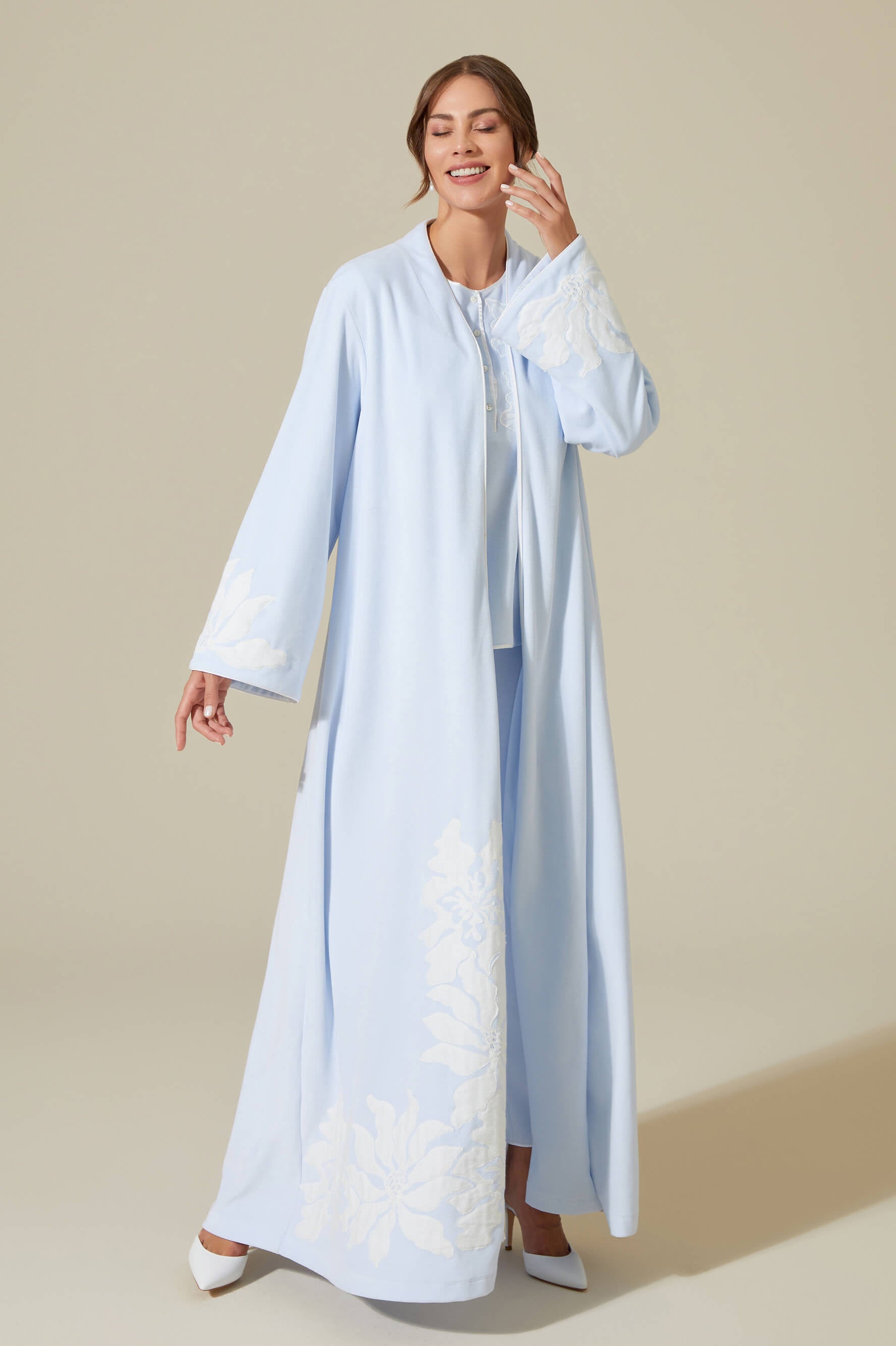 Delphinus Long Velvet Zippered Robe Set with Matching Velvet PJ Set with Button - Off White on Baby Blue