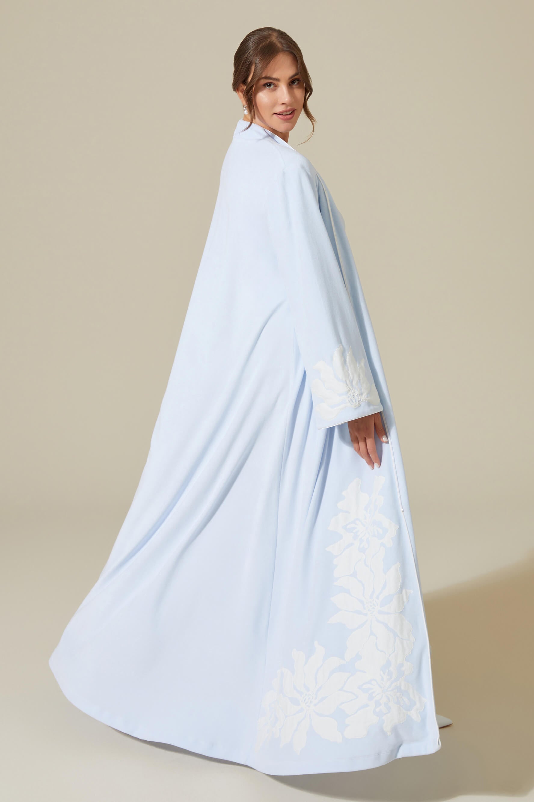 Delphinus Long Velvet Zippered Robe Set with Matching Velvet PJ Set with Button - Off White on Baby Blue