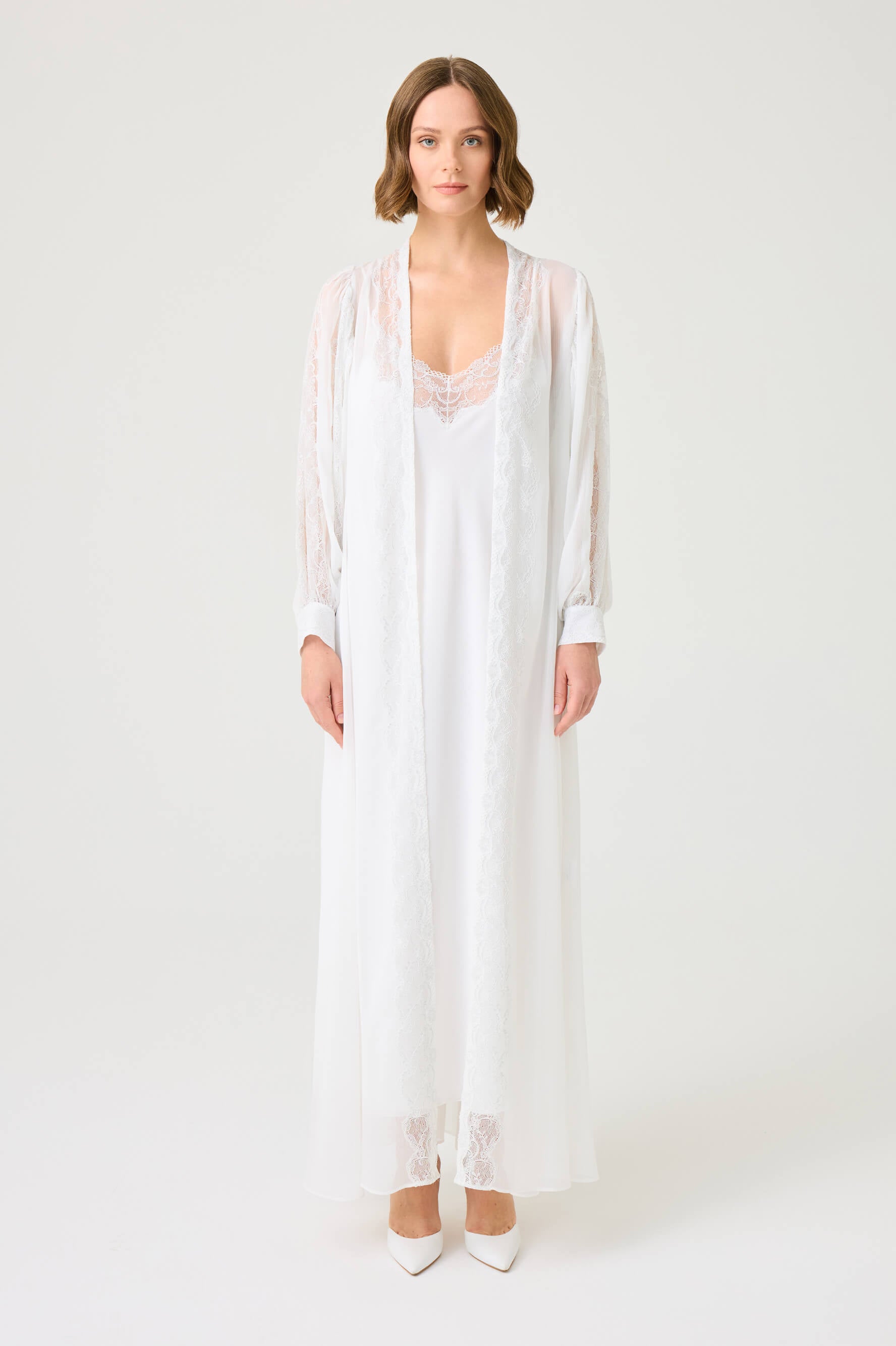 Ora Long Silky Chiffon Robe Set with Silver Lace on Off White