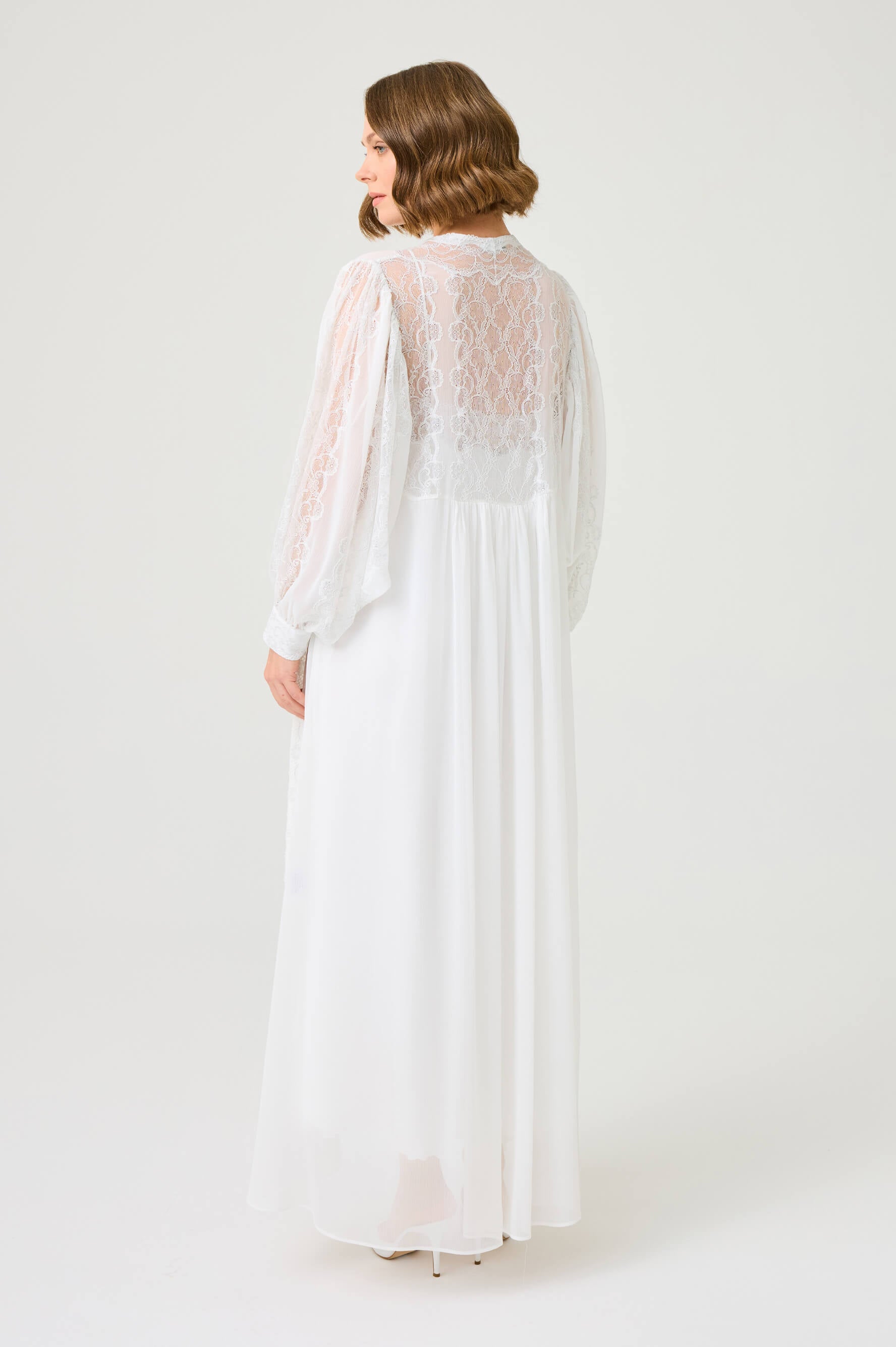 Ora Long Silky Chiffon Robe Set with Silver Lace on Off White