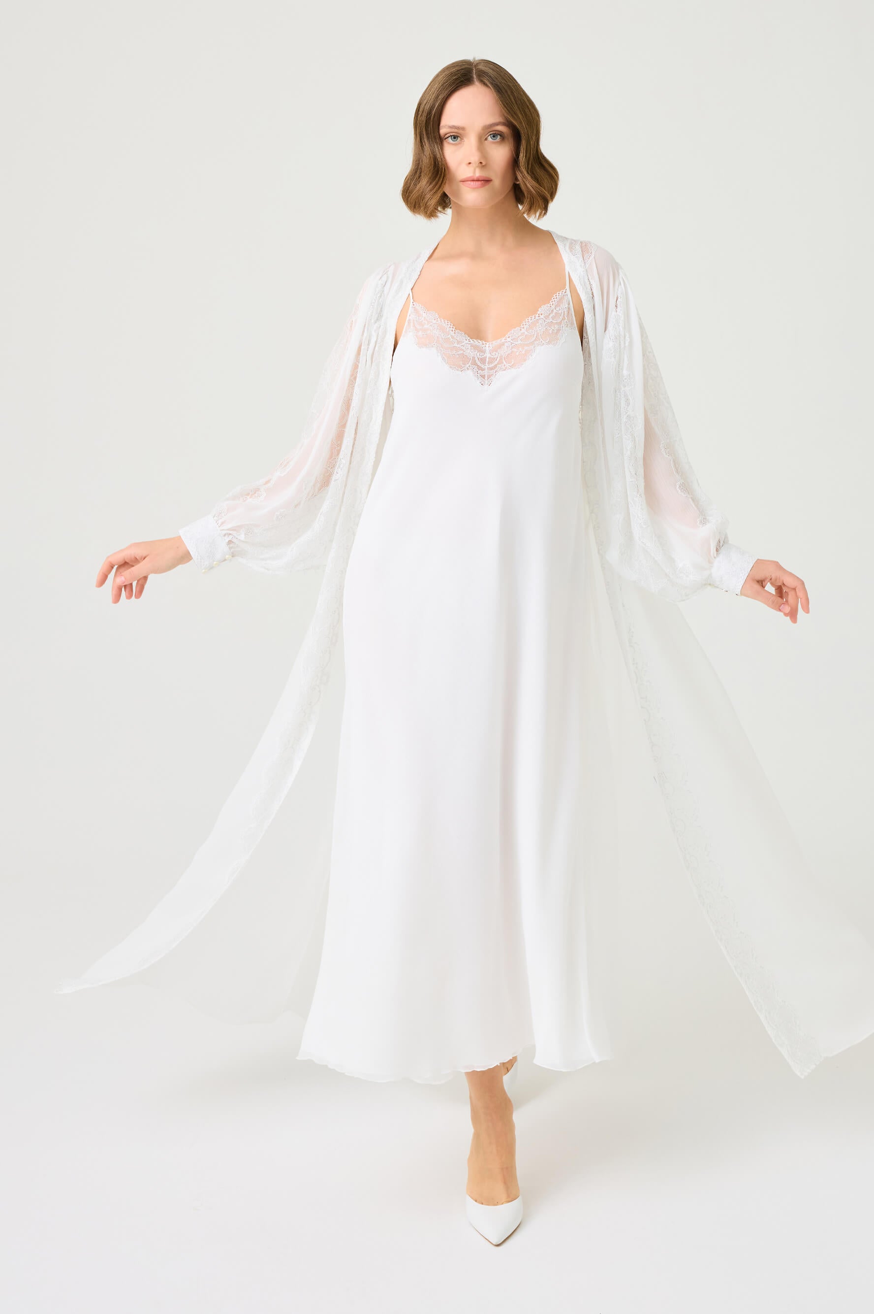 Ora Long Silky Chiffon Robe Set with Silver Lace on Off White