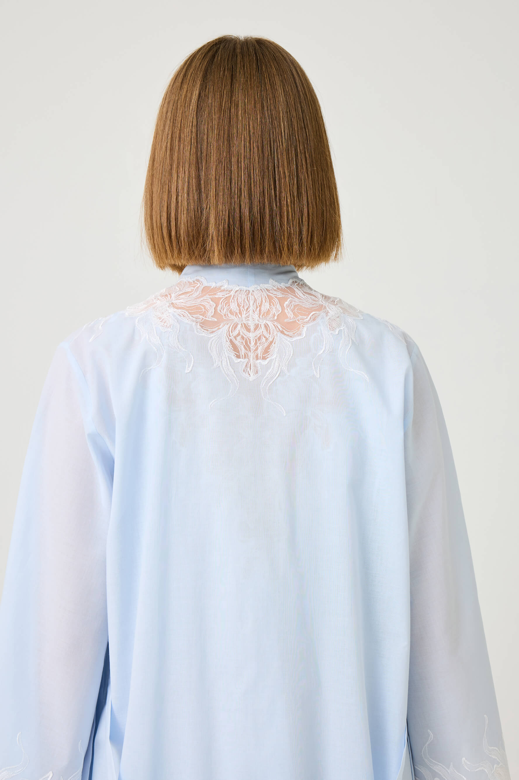 Liliane Long Cotton Voile Robe Set with Off White Lace on Baby Blue