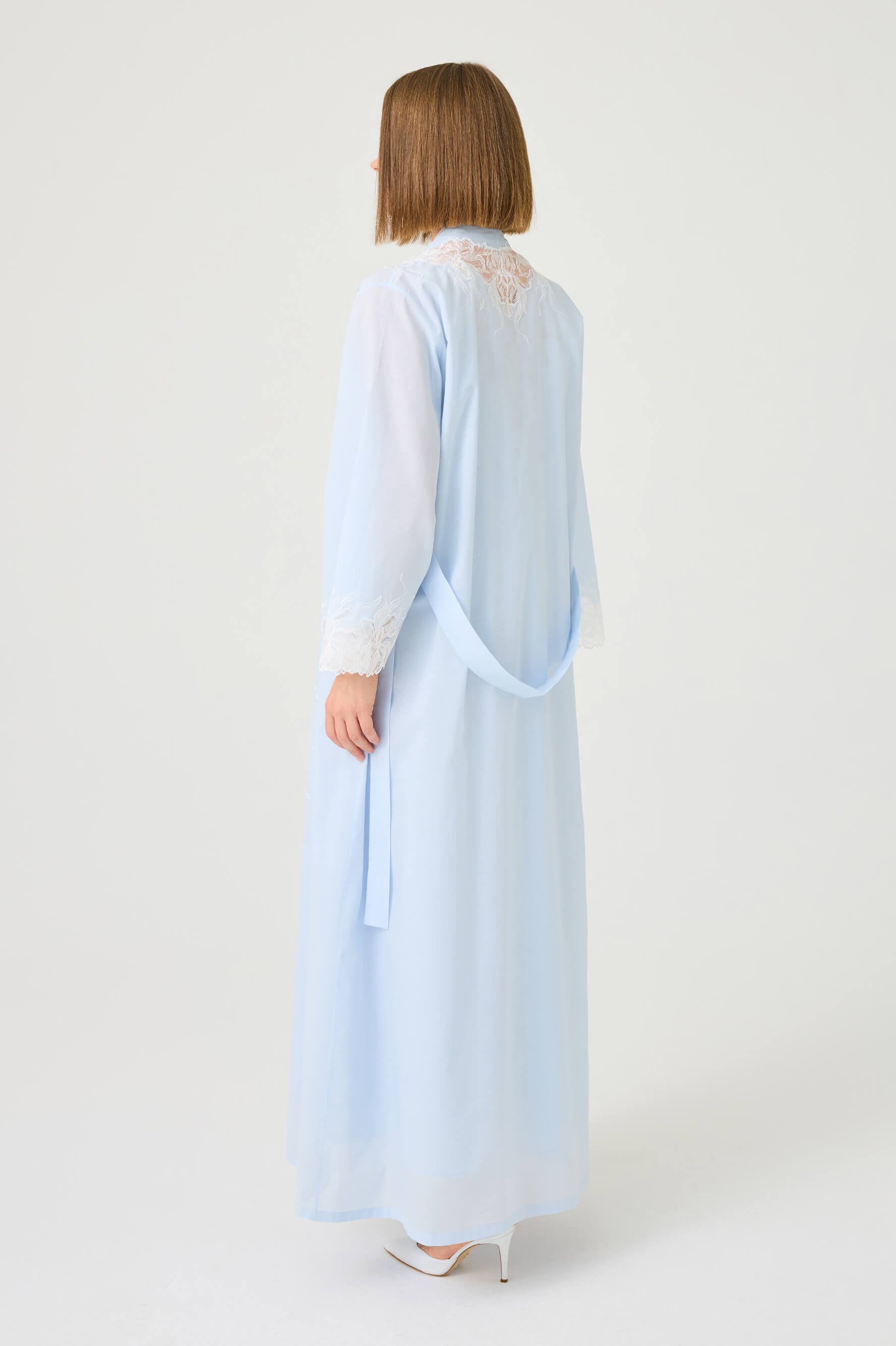 Liliane Long Cotton Voile Robe Set with Off White Lace on Baby Blue