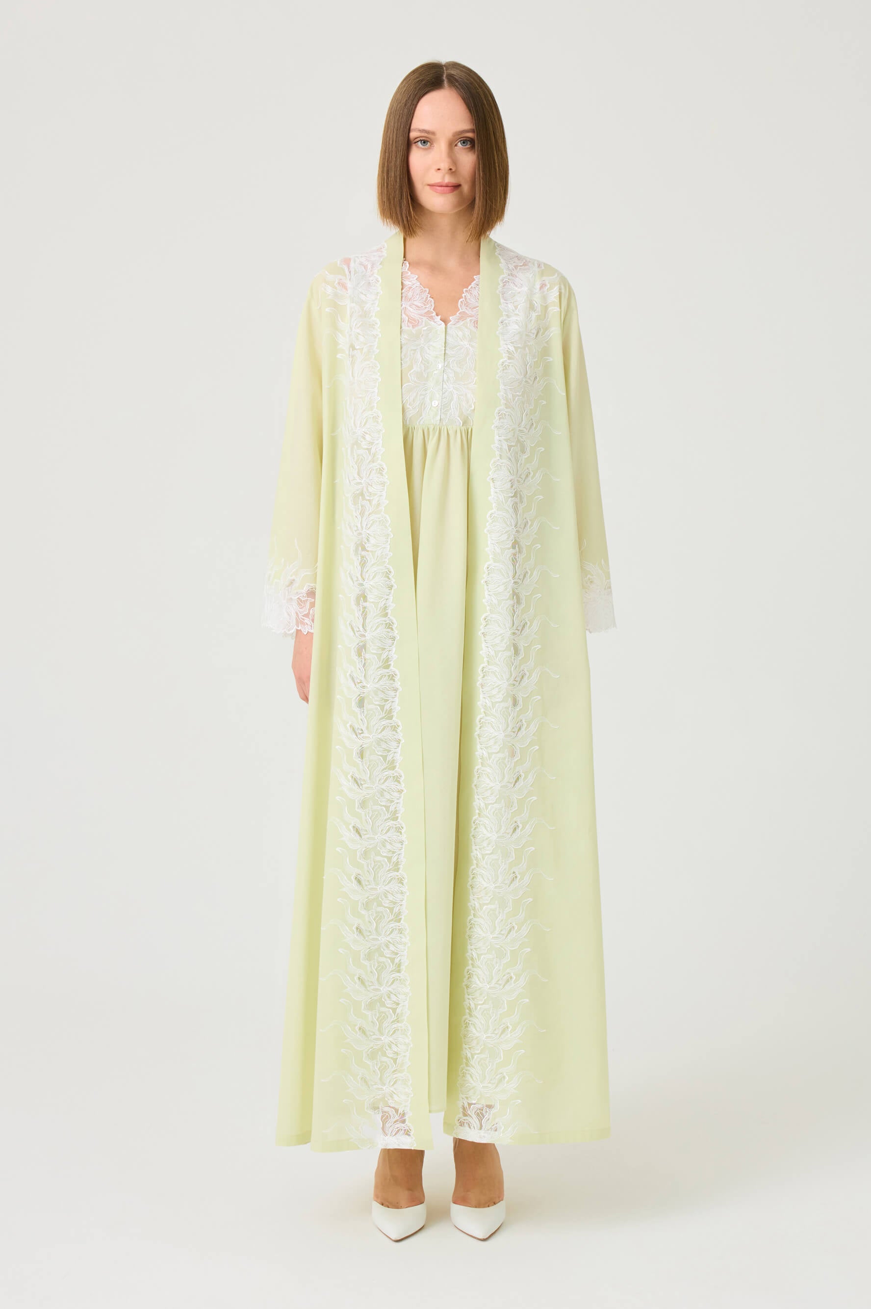 Liliane Long Cotton Voile Robe Set with Off White Lace on Light Green