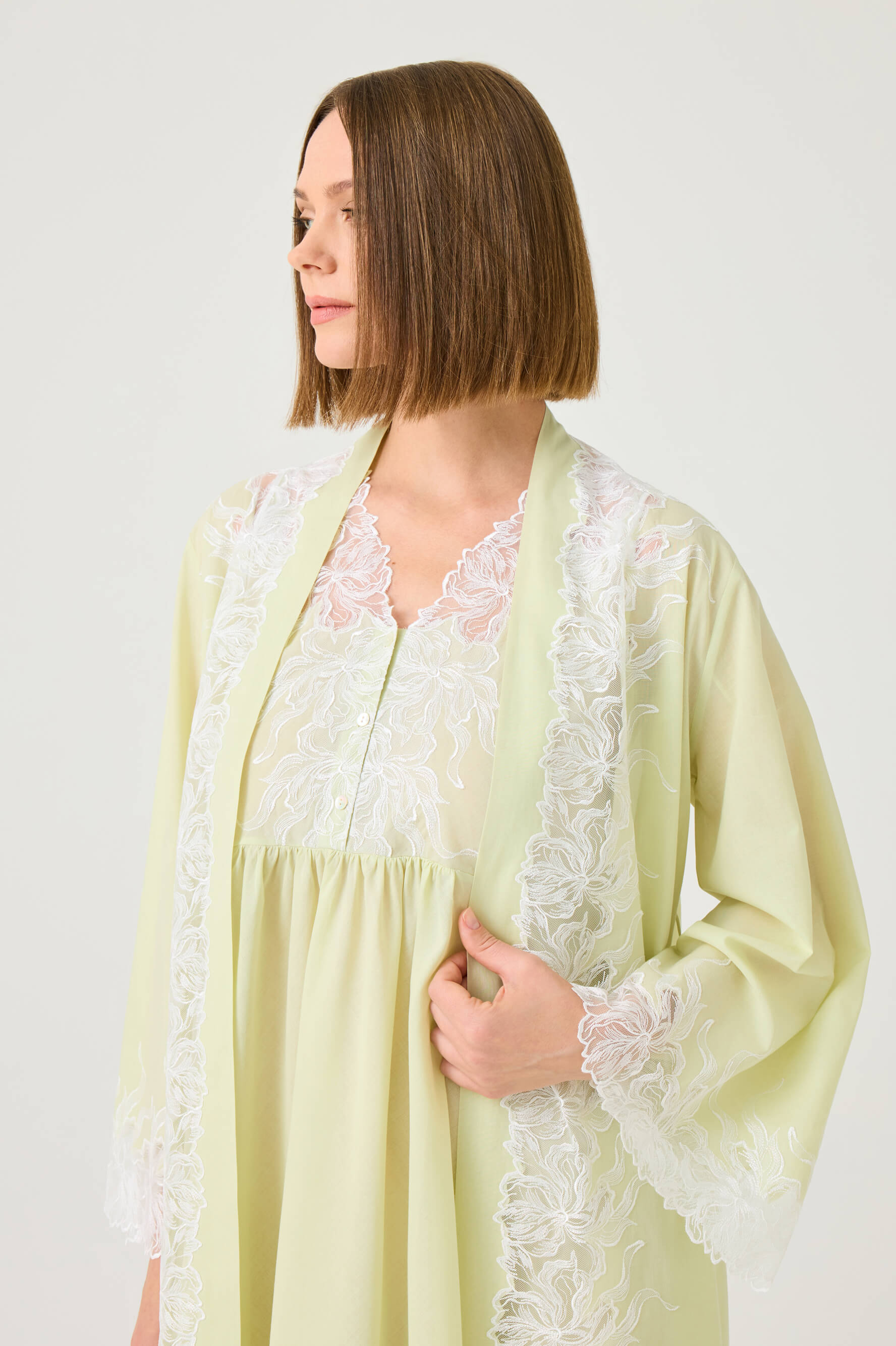 Liliane Long Cotton Voile Robe Set with Off White Lace on Light Green