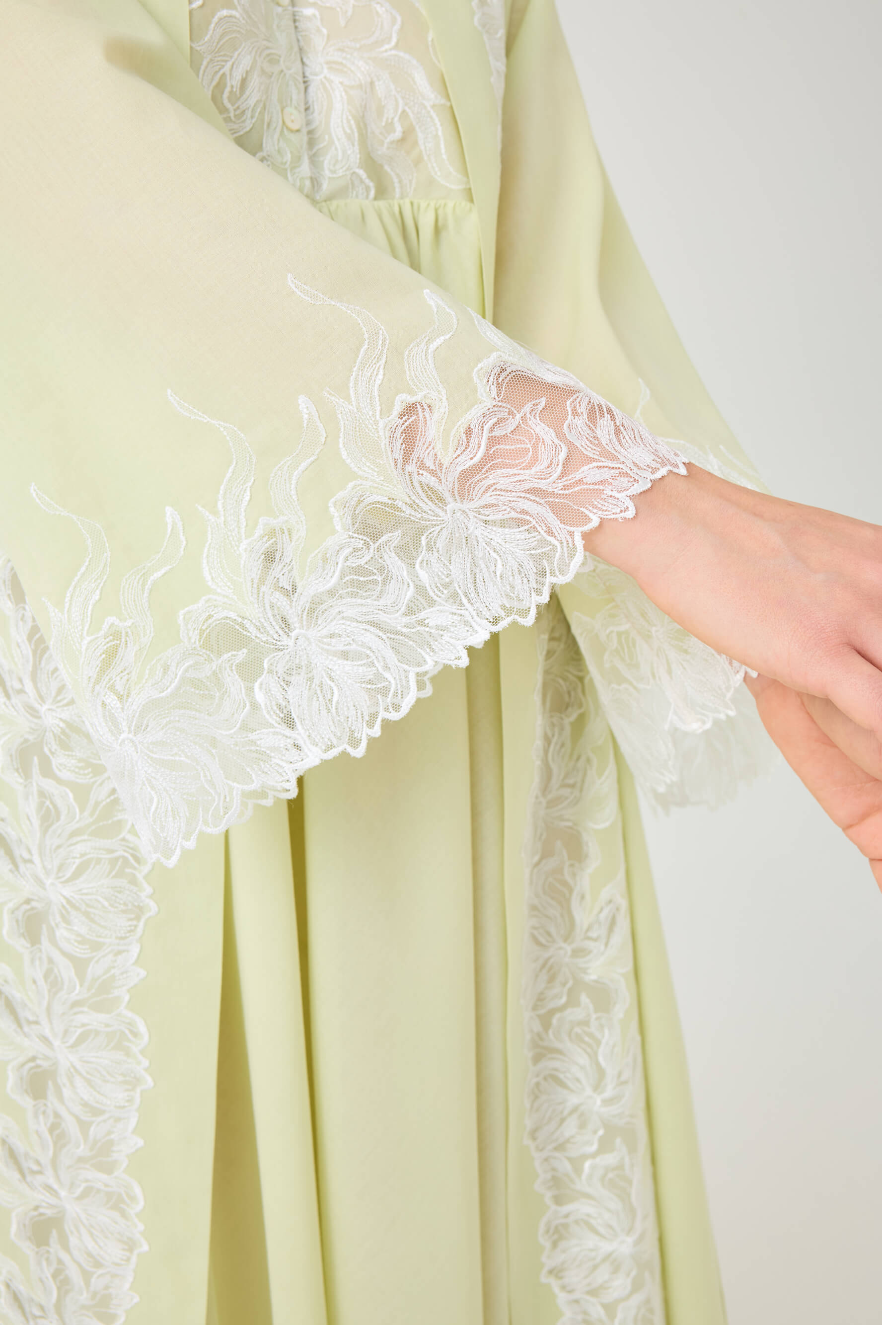 Liliane Long Cotton Voile Robe Set with Off White Lace on Light Green