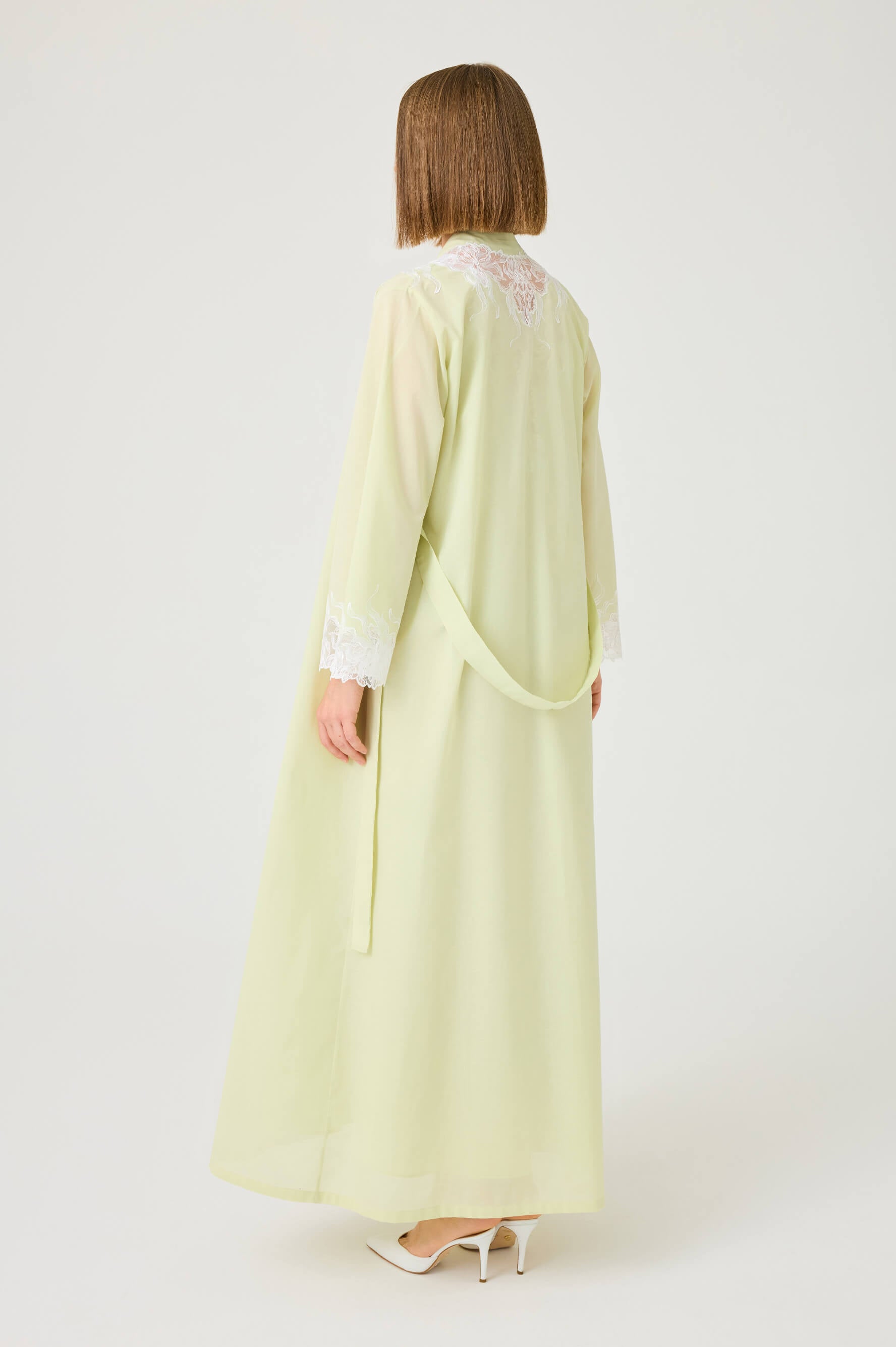 Liliane Long Cotton Voile Robe Set with Off White Lace on Light Green