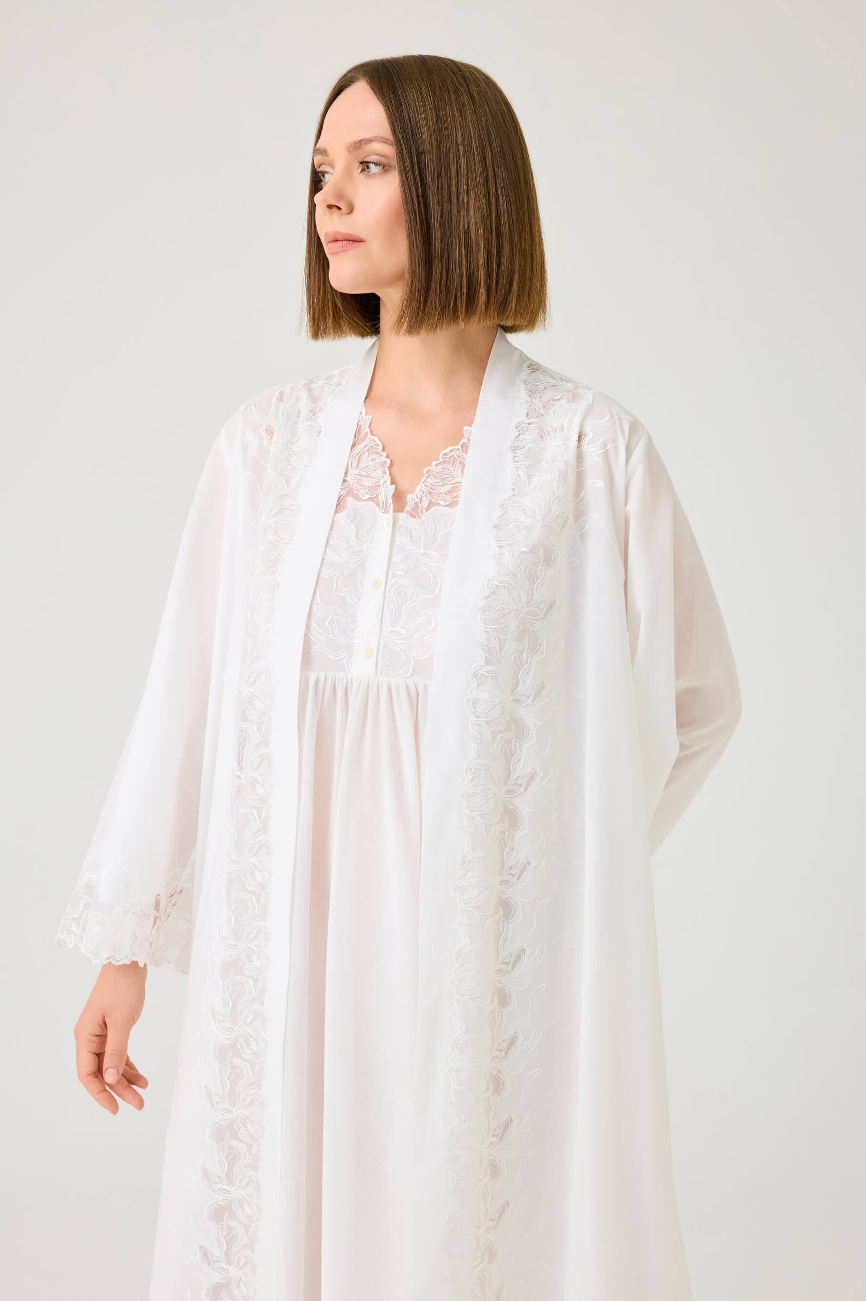Liliane Long Cotton Voile Robe Set with Off White Lace on Off White