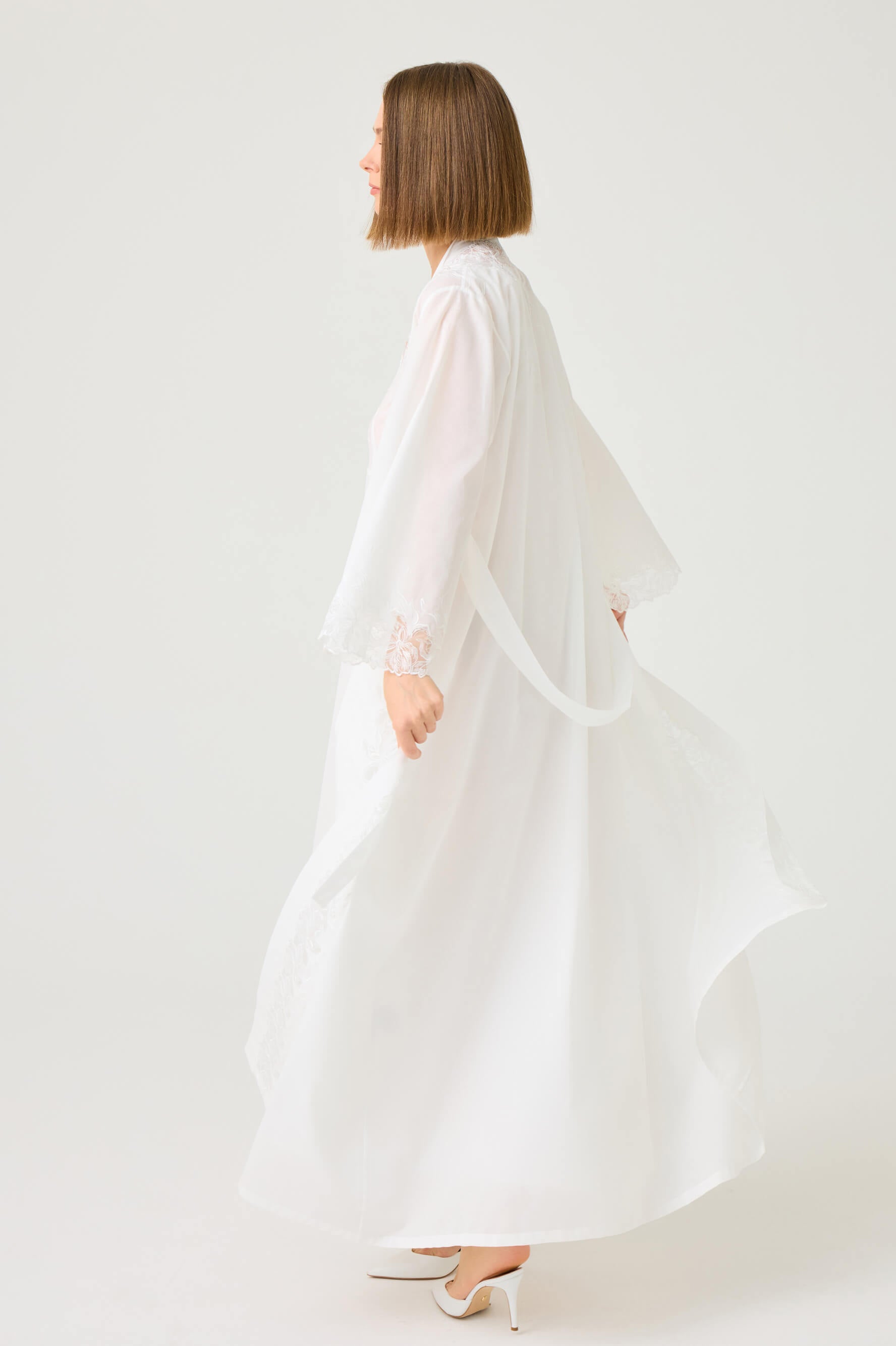 Liliane Long Cotton Voile Robe Set with Off White Lace on Off White