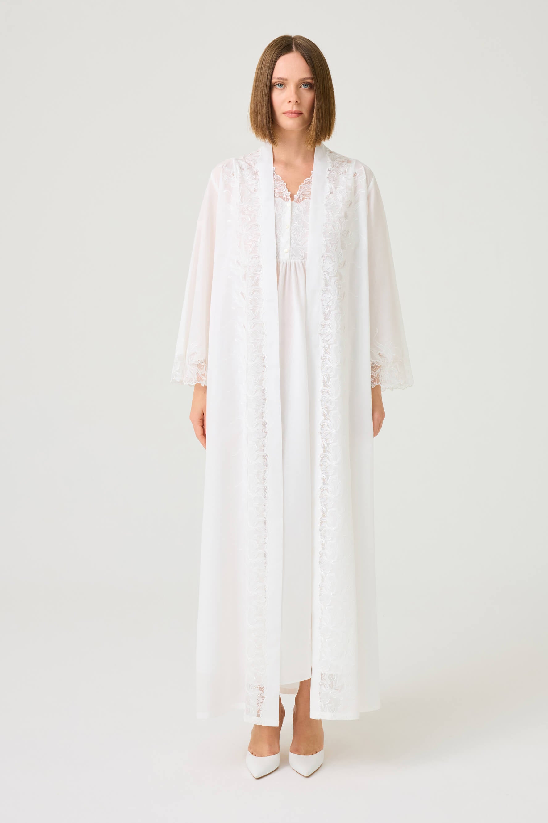 Liliane Long Cotton Voile Robe Set with Off White Lace on Off White
