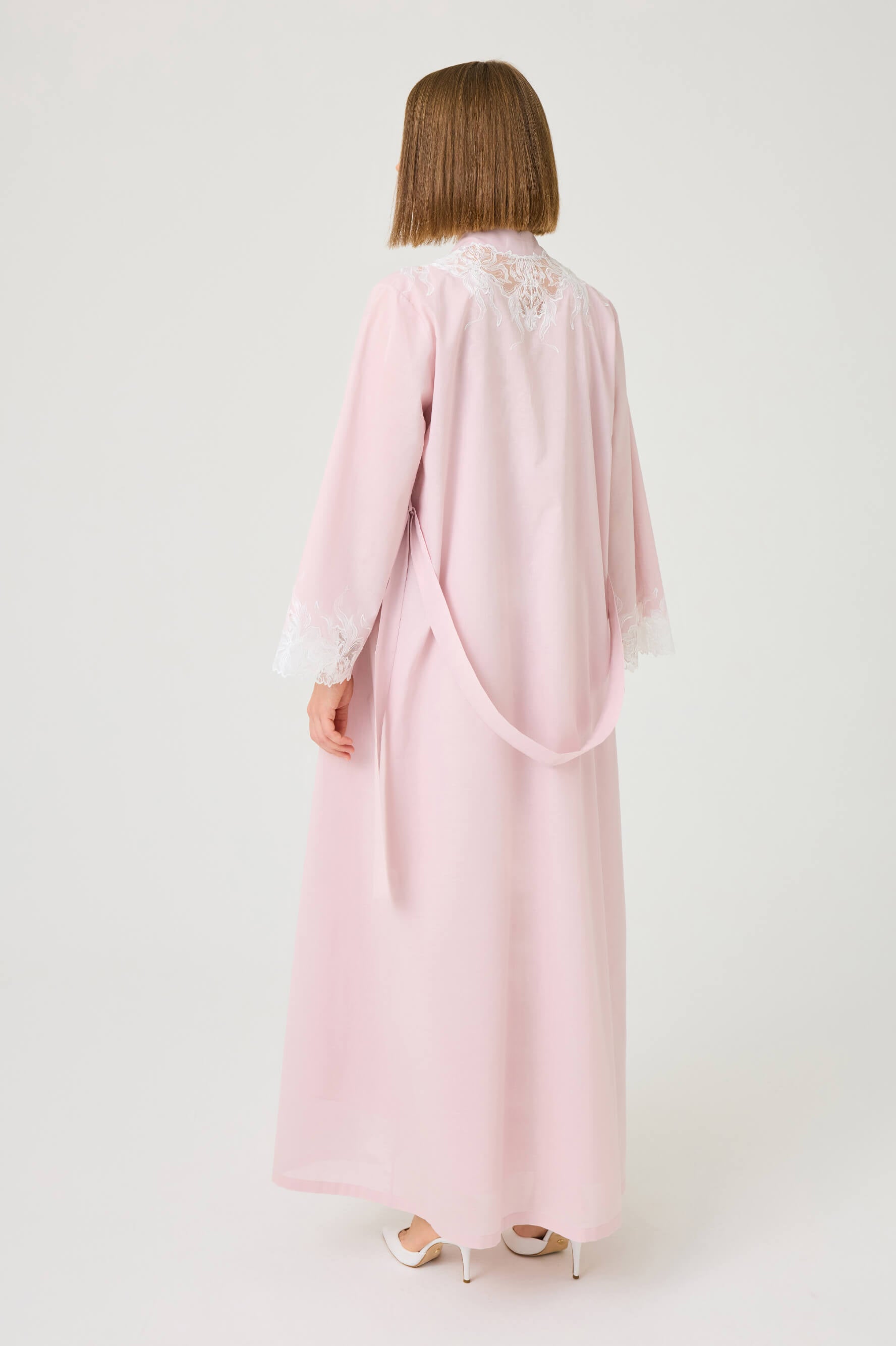 Liliane Long Cotton Voile Robe Set with Off White Lace on Powder