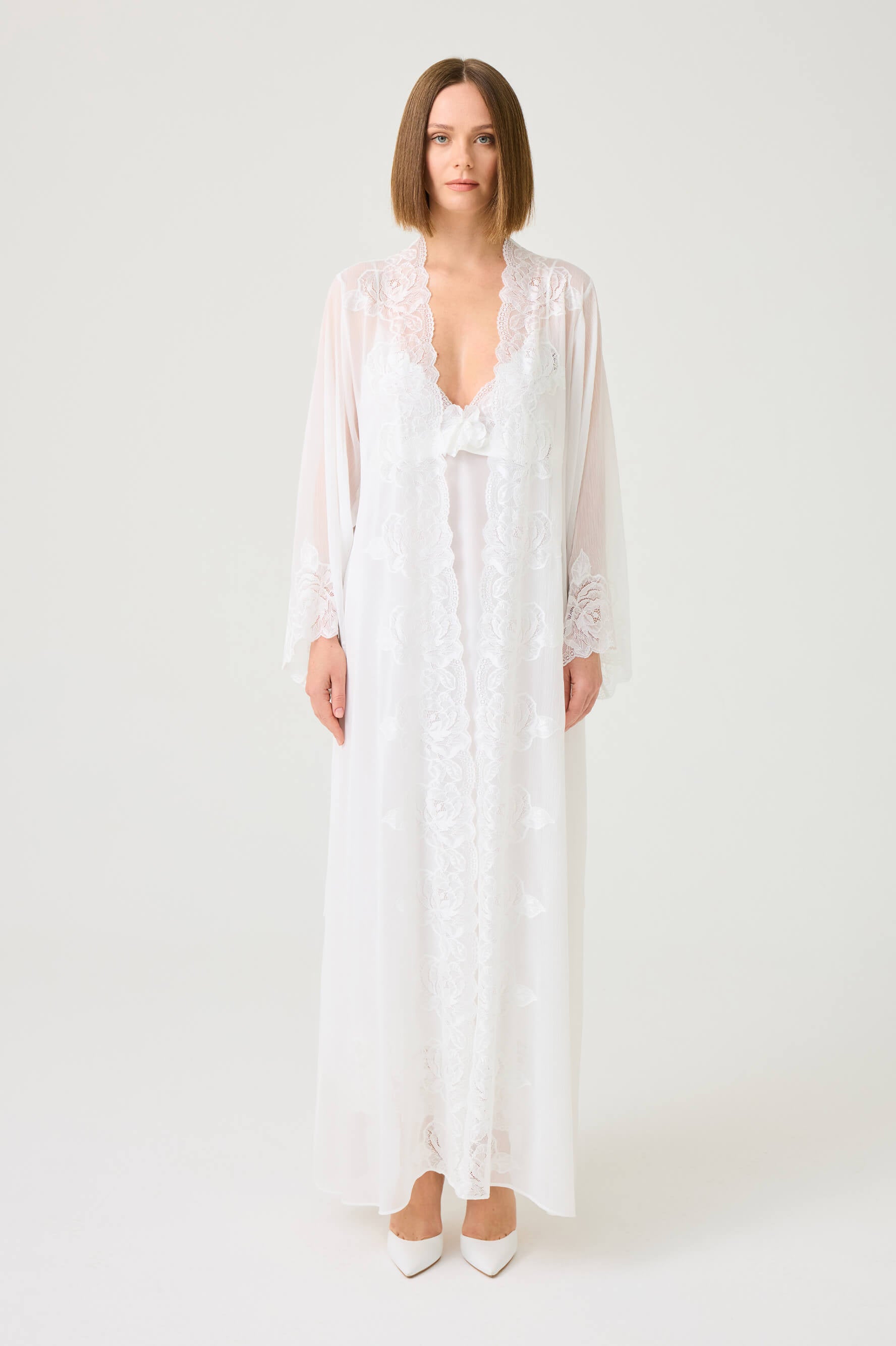 Rosabelle Long Silky Chiffon Robe Set with Off White Lace on Off White