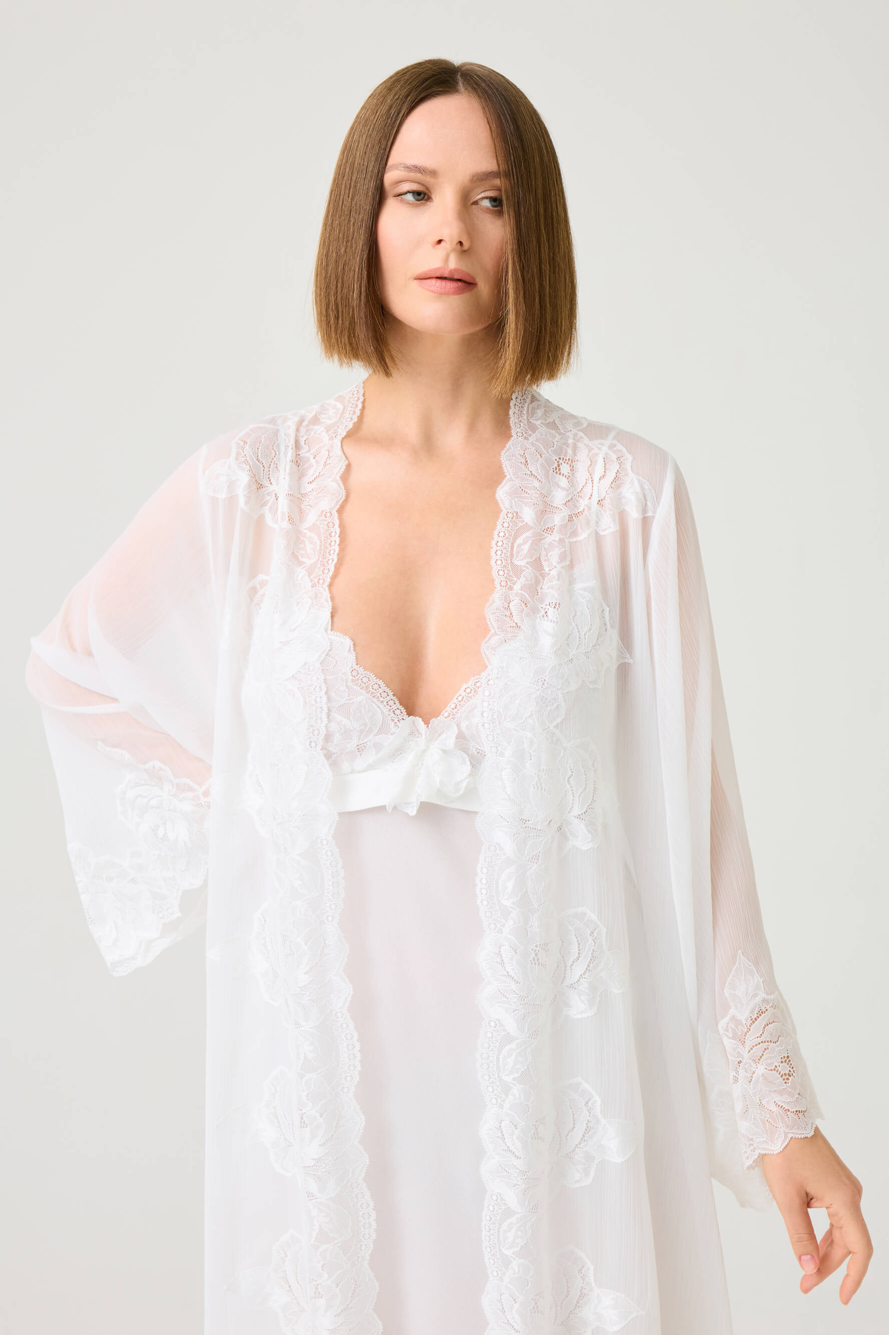 Rosabelle Long Silky Chiffon Robe Set with Off White Lace on Off White