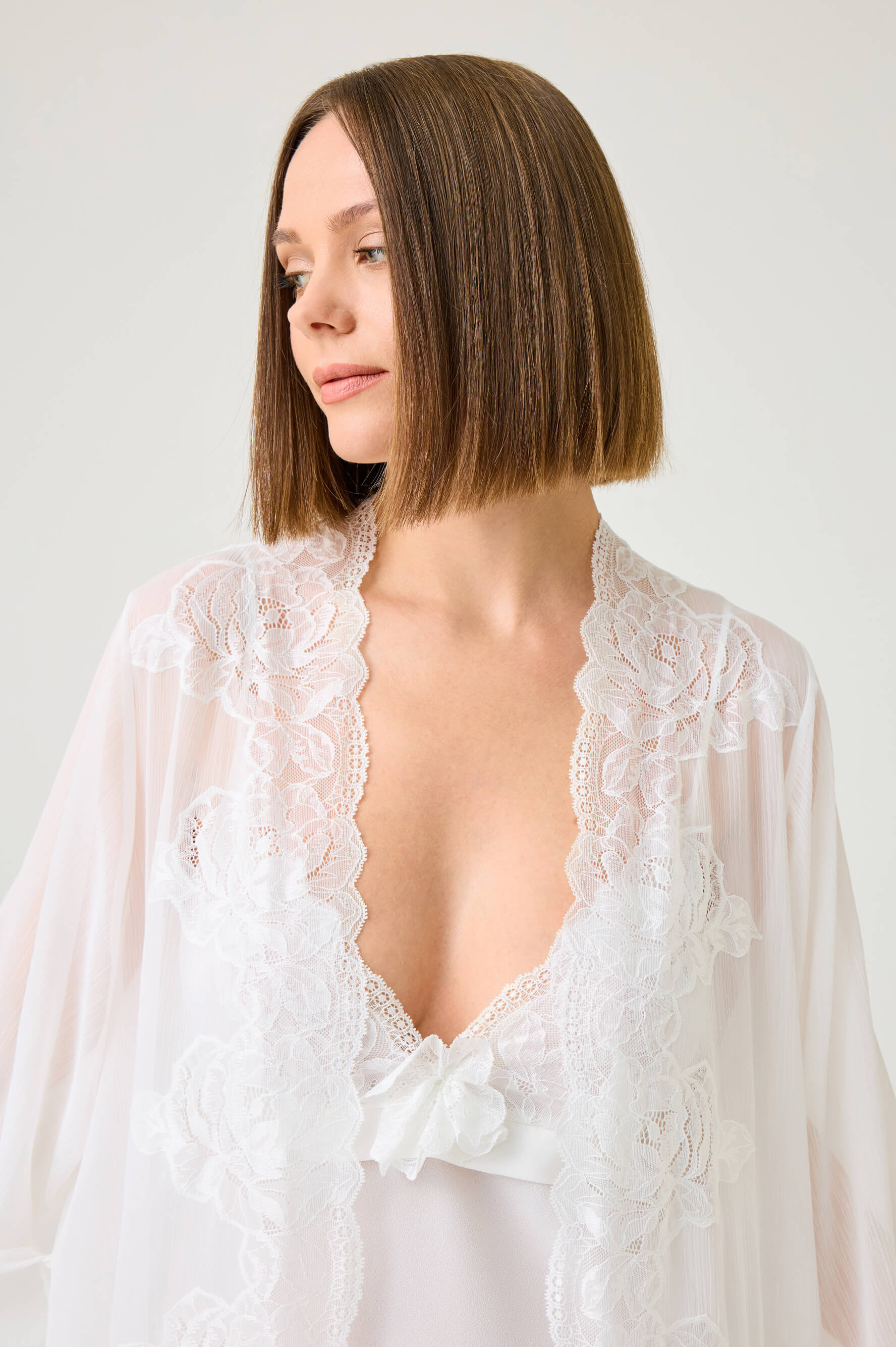 Rosabelle Long Silky Chiffon Robe Set with Off White Lace on Off White