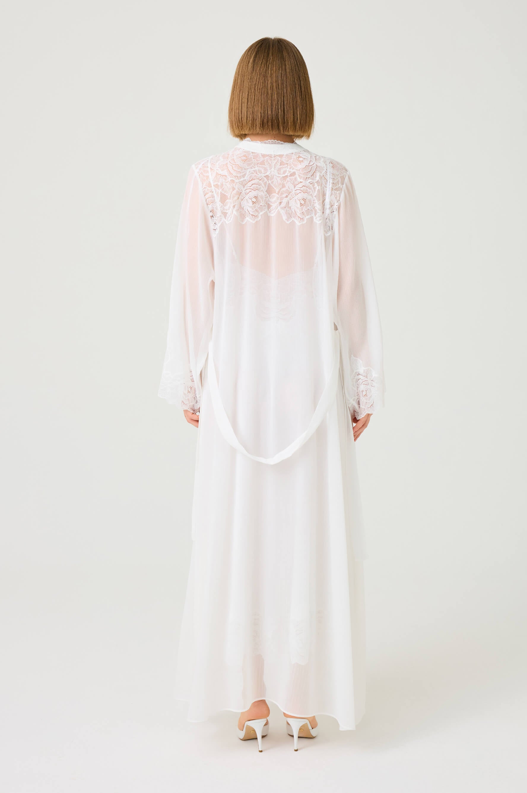 Rosabelle Long Silky Chiffon Robe Set with Off White Lace on Off White