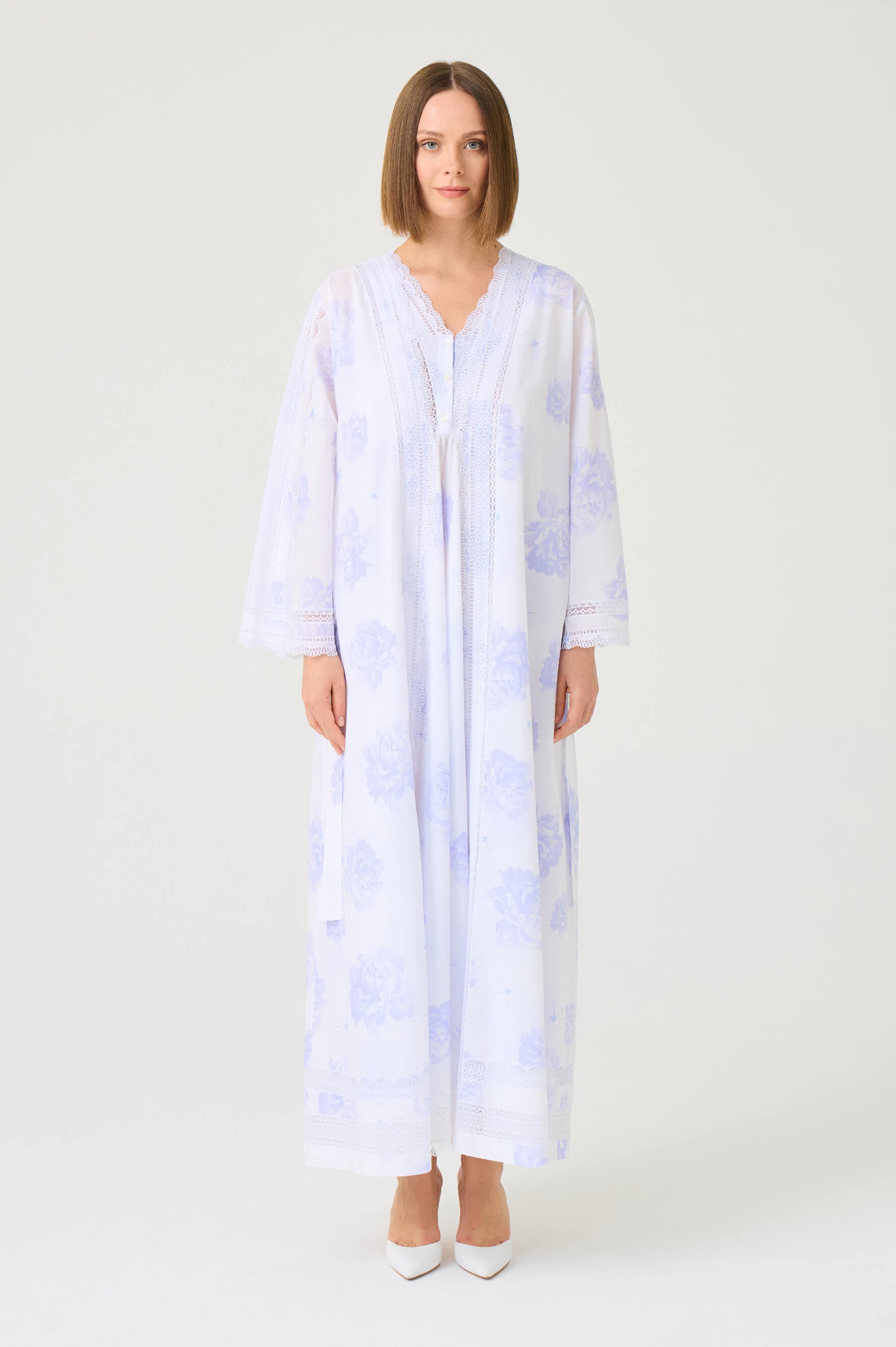 Violette Long Cotton Voile Printed Robe Set with Off White Lace