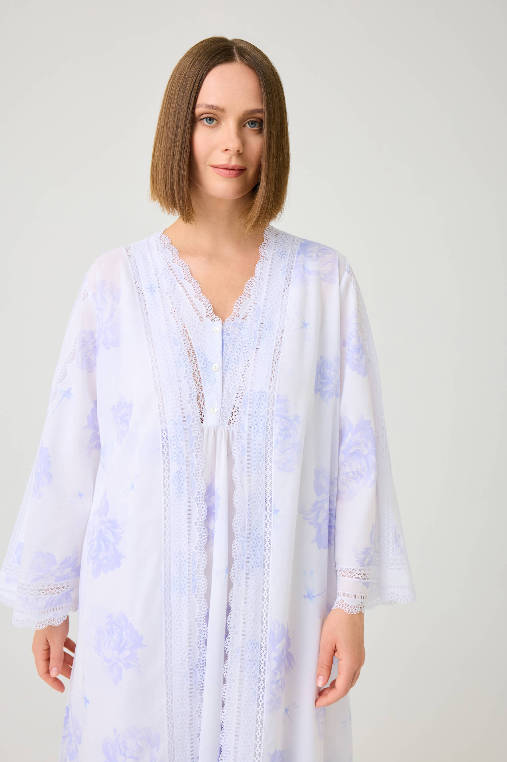 Violette Long Cotton Voile Printed Robe Set with Off White Lace