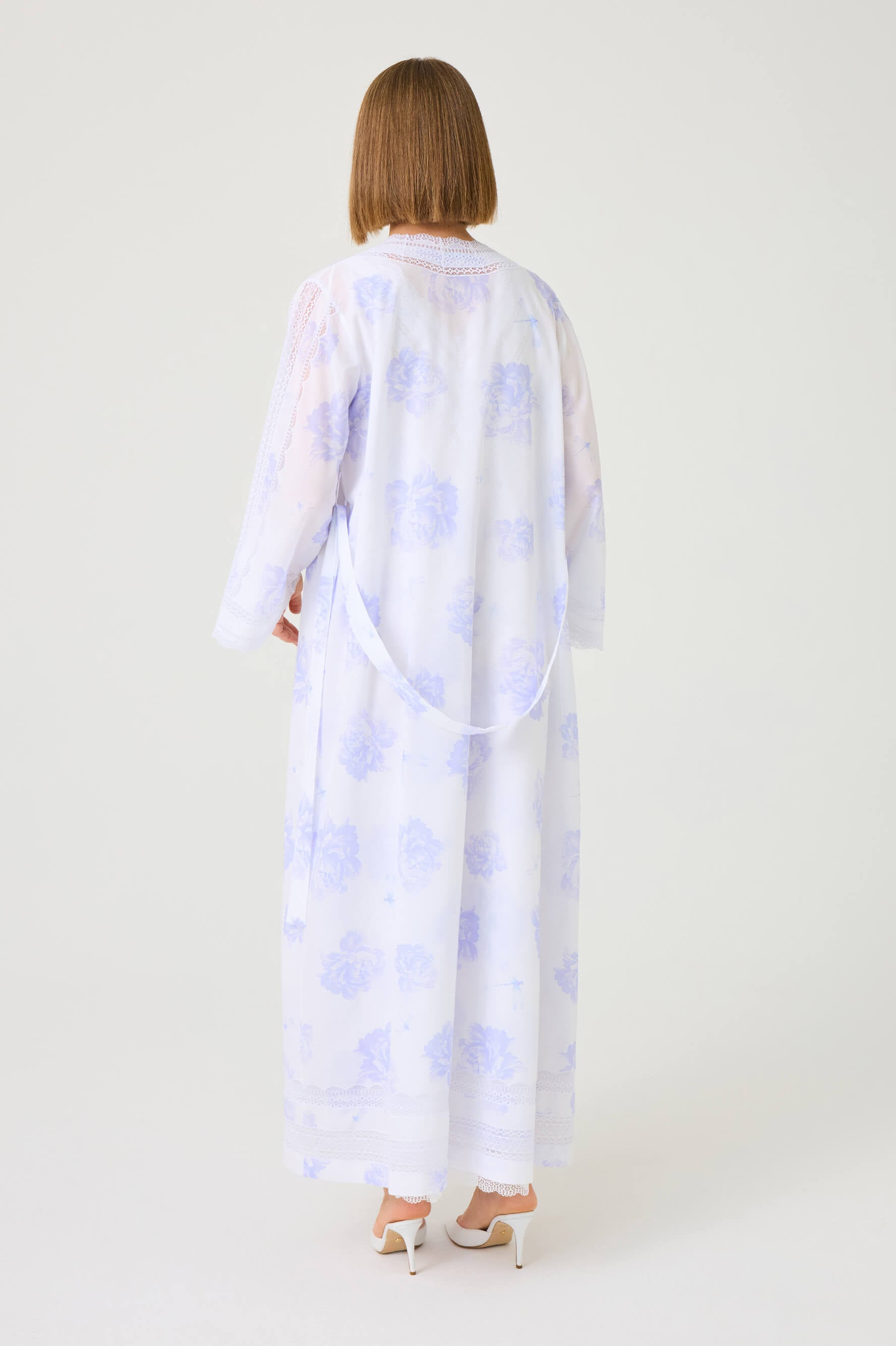 Violette Long Cotton Voile Printed Robe Set with Off White Lace