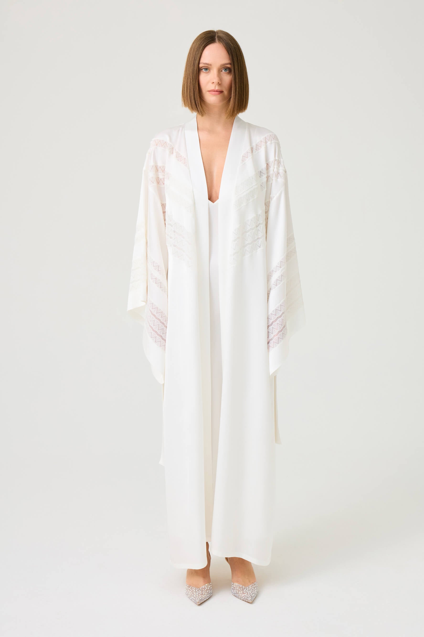 Giza Long Rayon Robe Set with Off White Lace on Off White