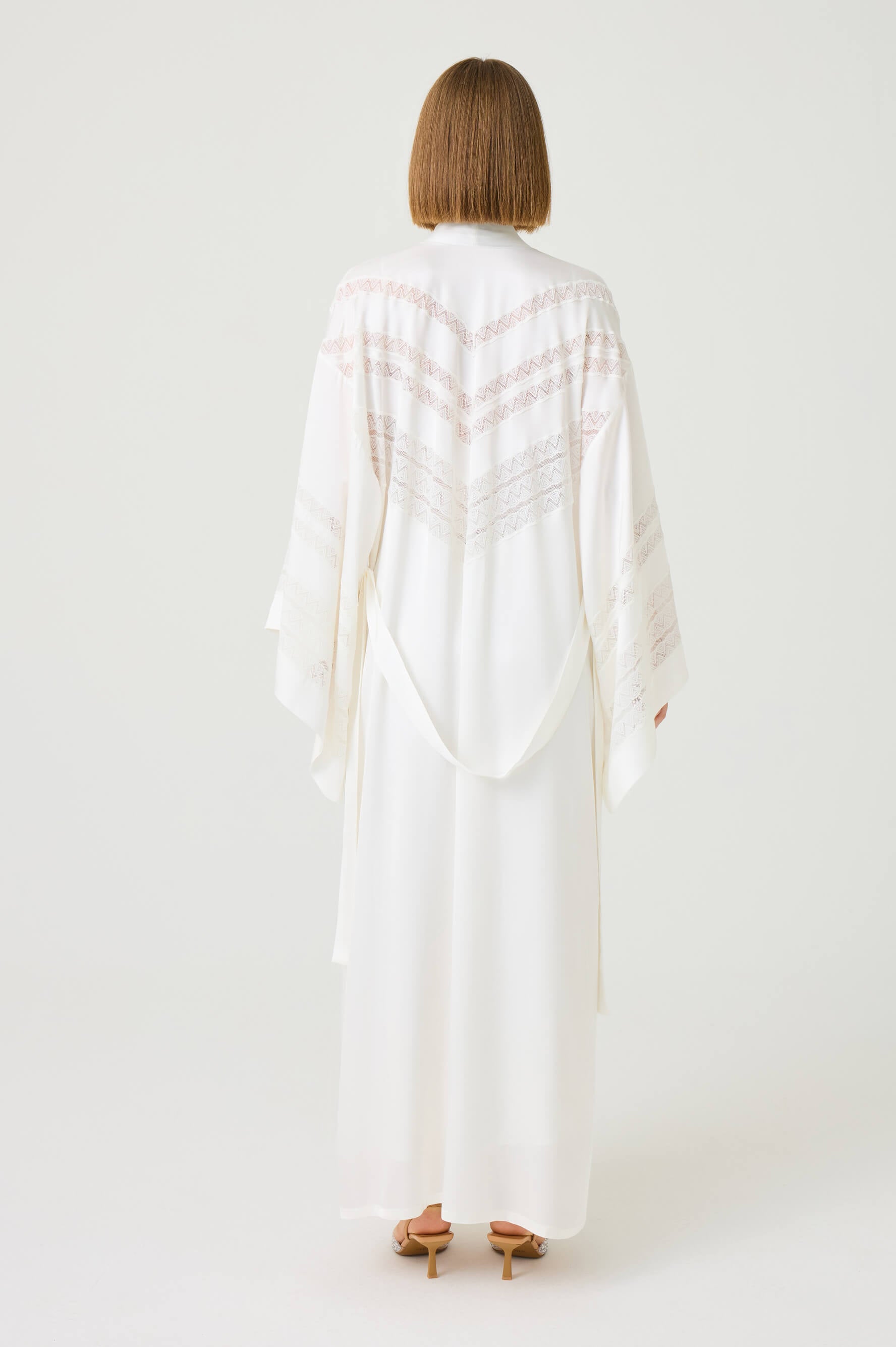 Giza Long Rayon Robe Set with Off White Lace on Off White