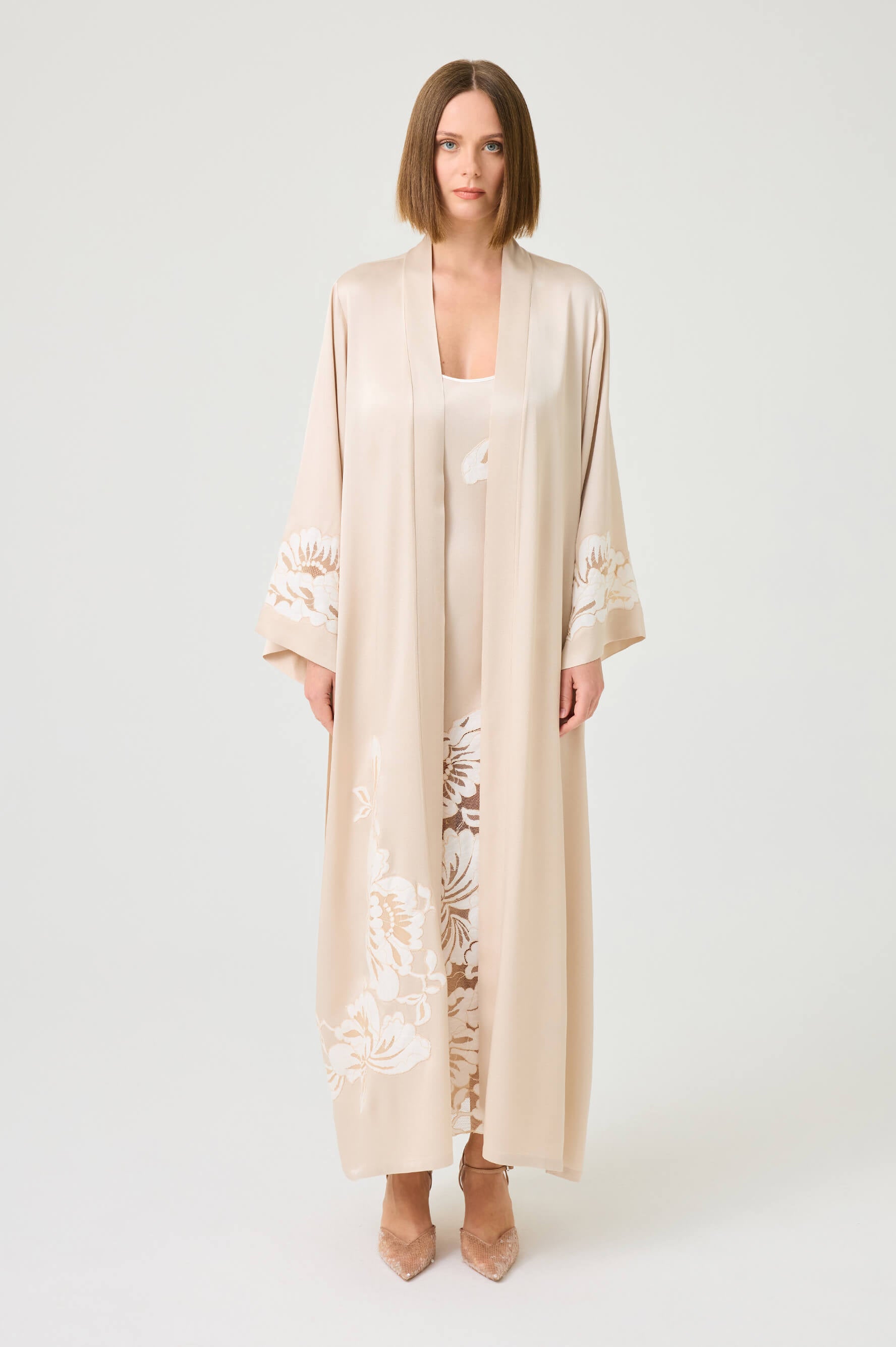 Dalia Long Rayon Robe Set with Beige Lace on Beige