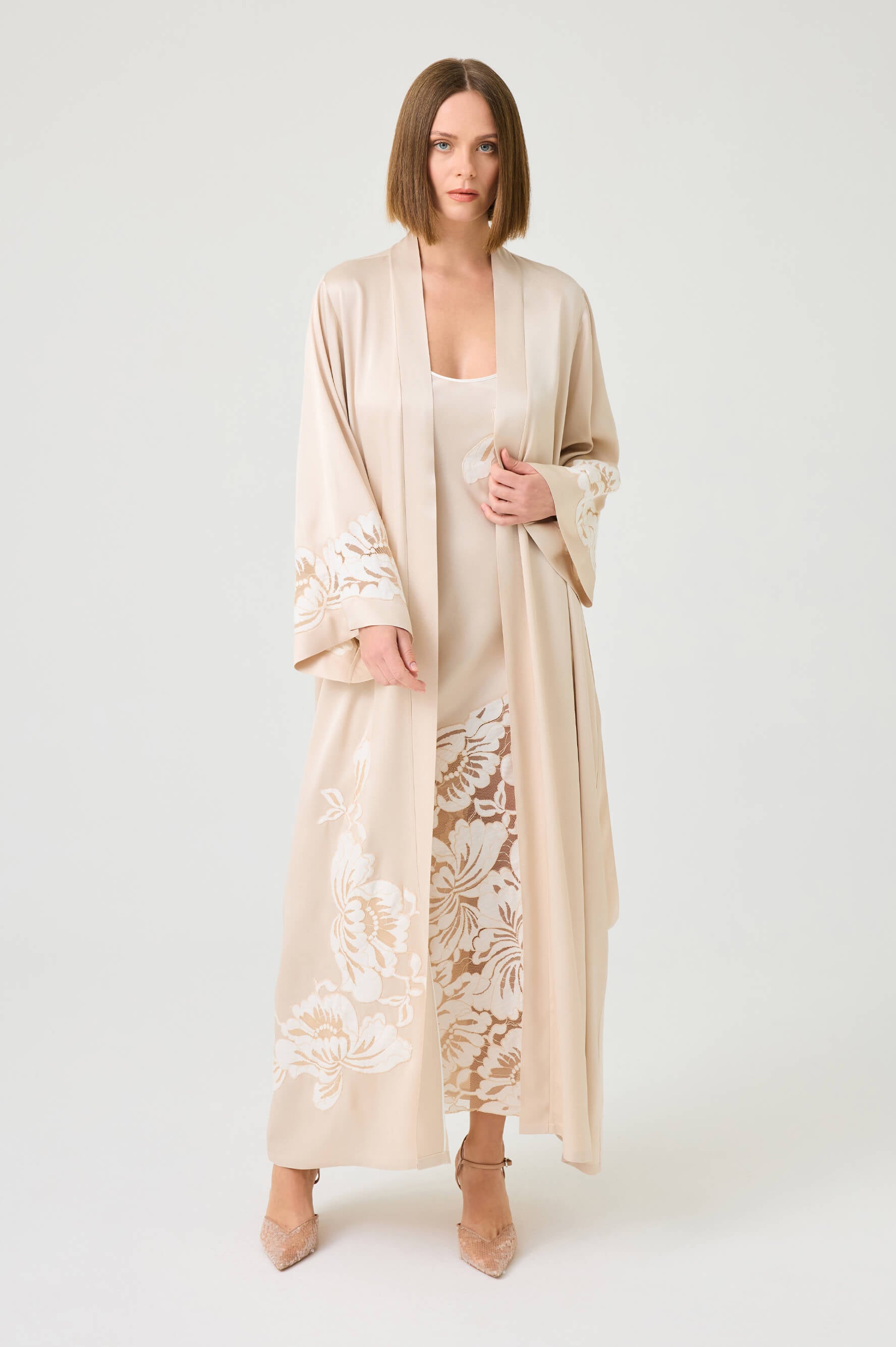 Dalia Long Rayon Robe Set with Beige Lace on Beige