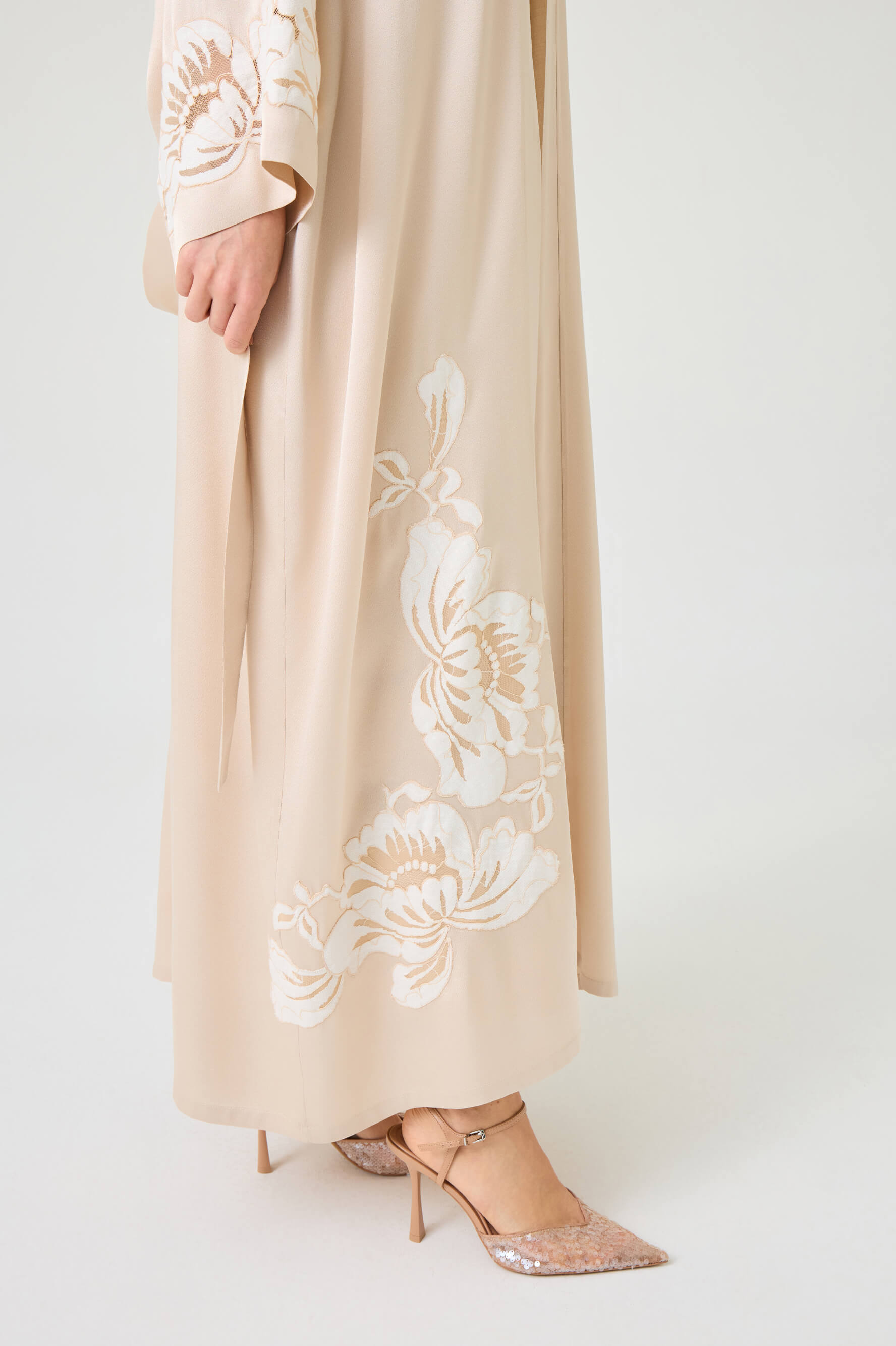 Dalia Long Rayon Robe Set with Beige Lace on Beige