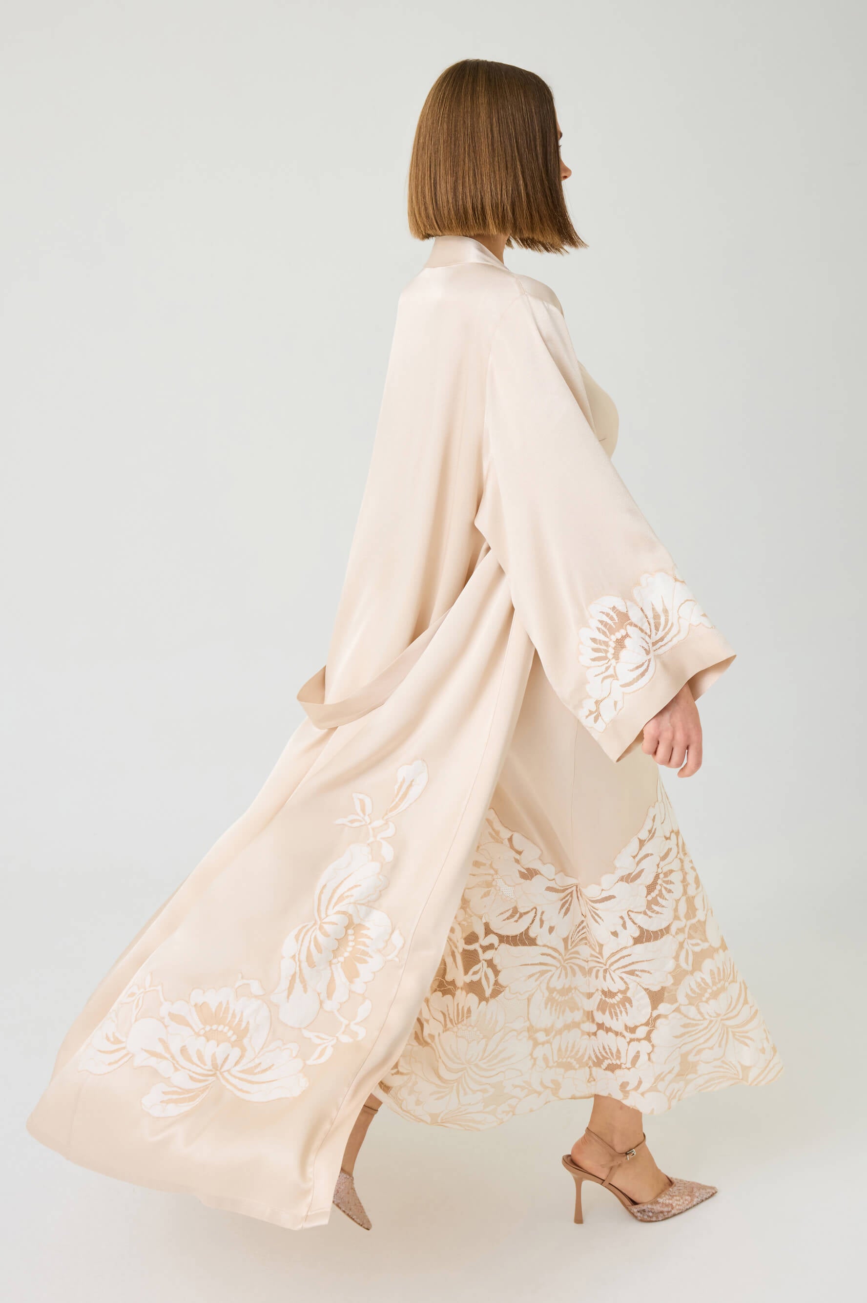 Dalia Long Rayon Robe Set with Beige Lace on Beige