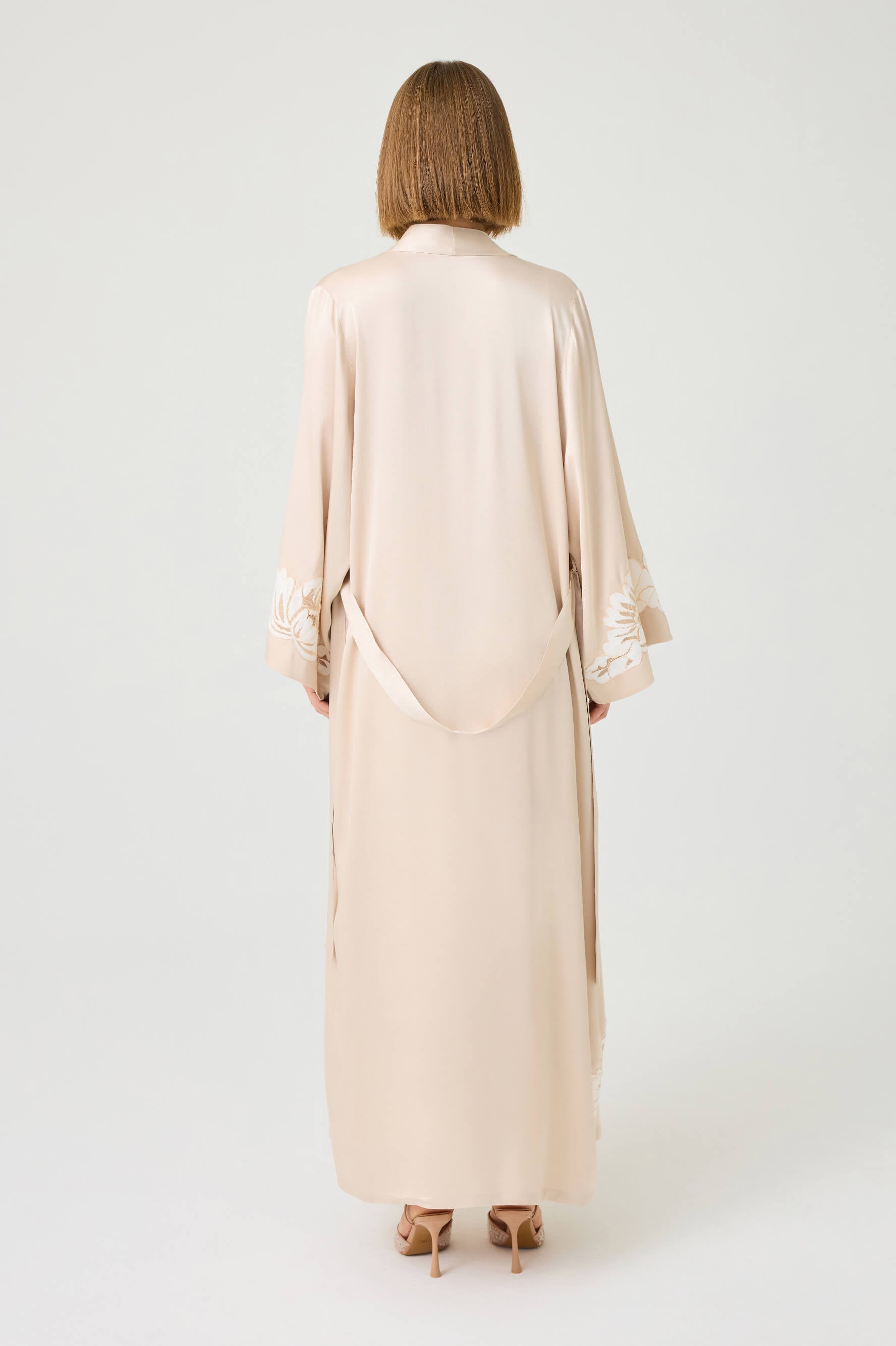 Dalia Long Rayon Robe Set with Beige Lace on Beige