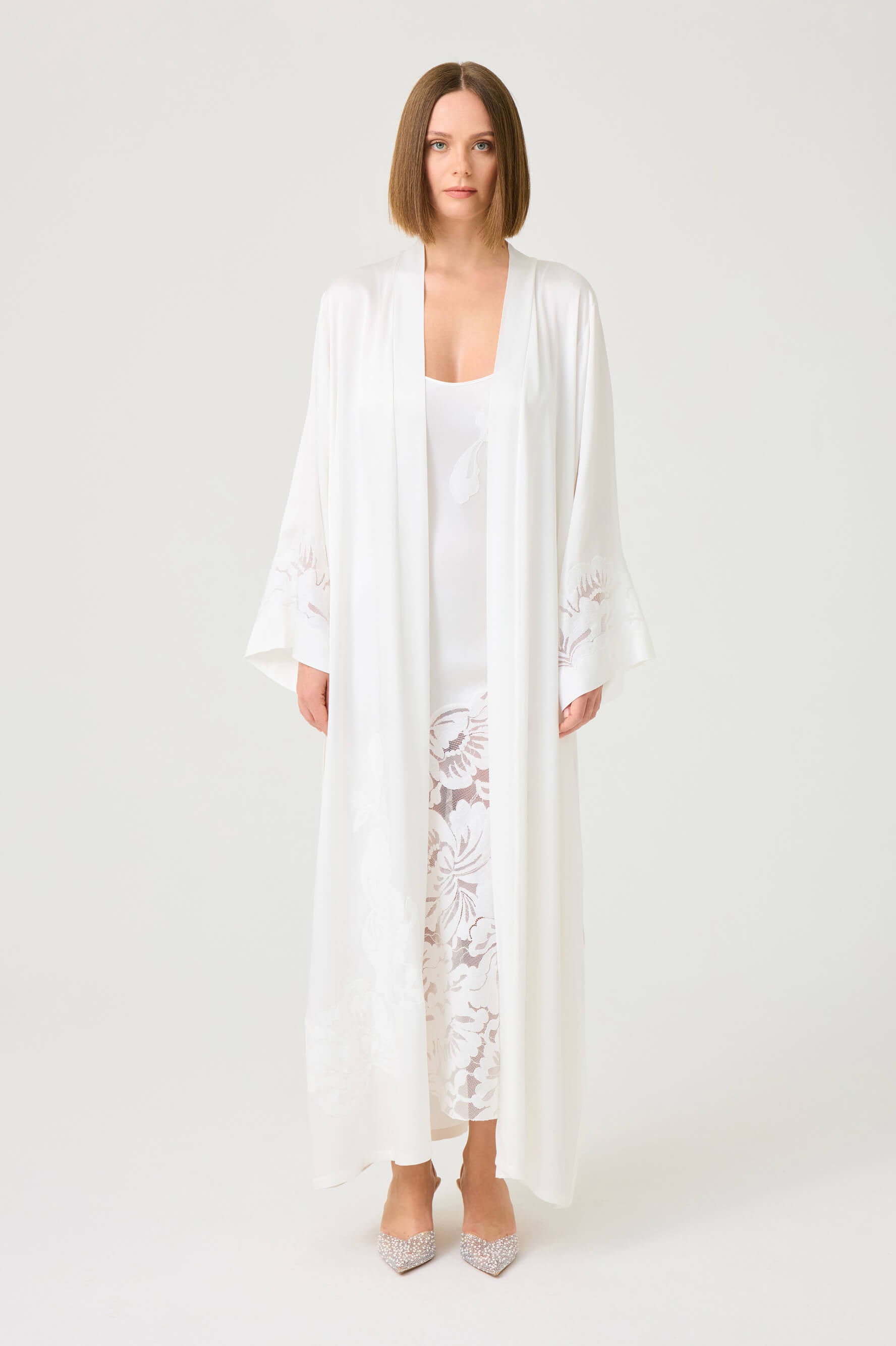 Dalia Long Rayon Robe Set with Off White Lace on Off White