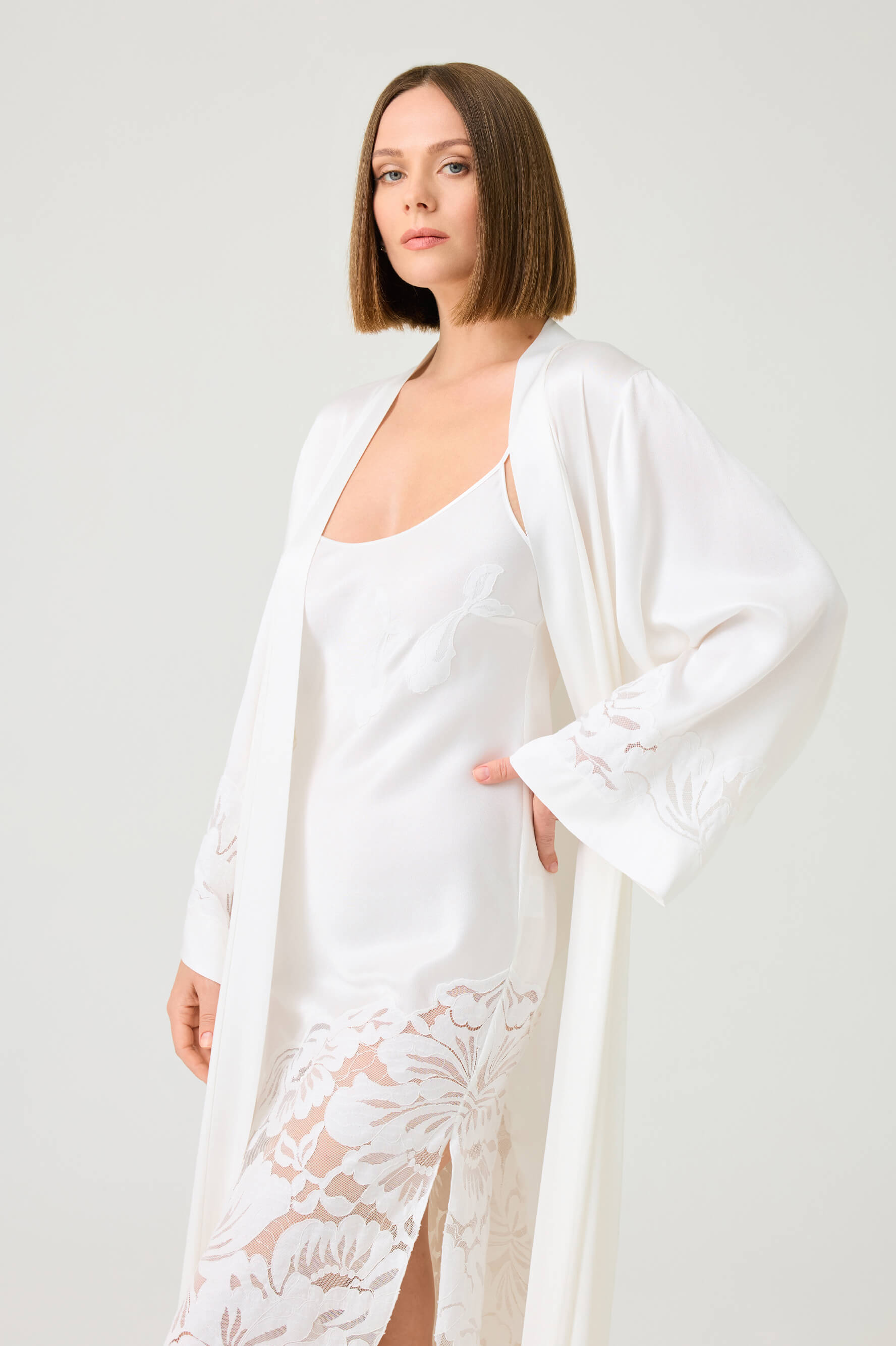 Dalia Long Rayon Robe Set with Off White Lace on Off White