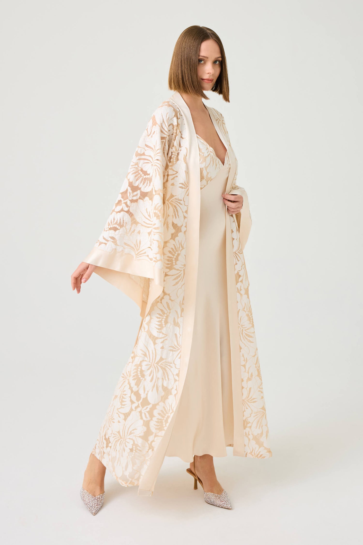 Elarose Long Cupro Robe Set with Beige Lace on Vanilla