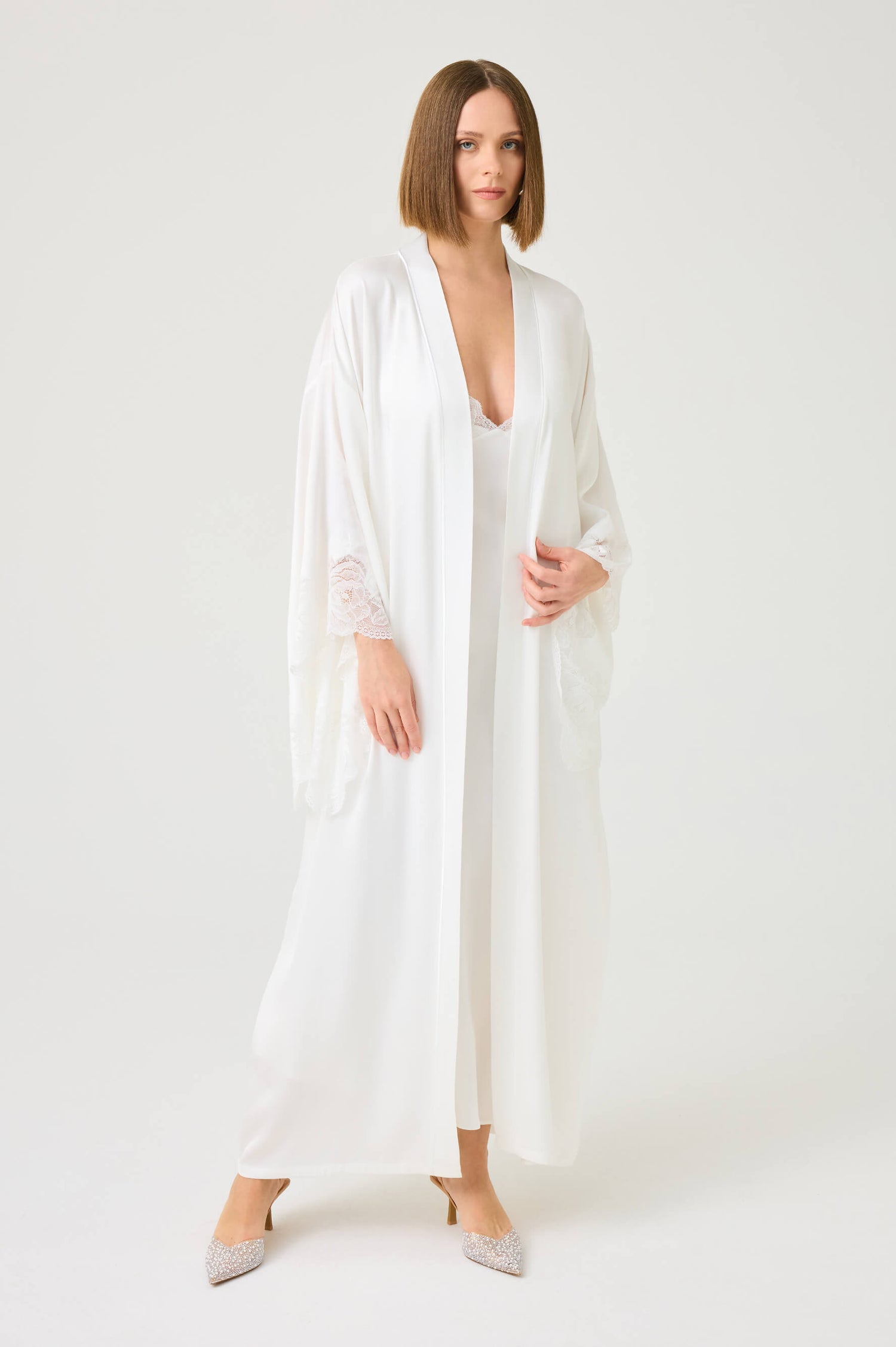 Ross Long Rayon Robe Set with Off White Lace on Off White