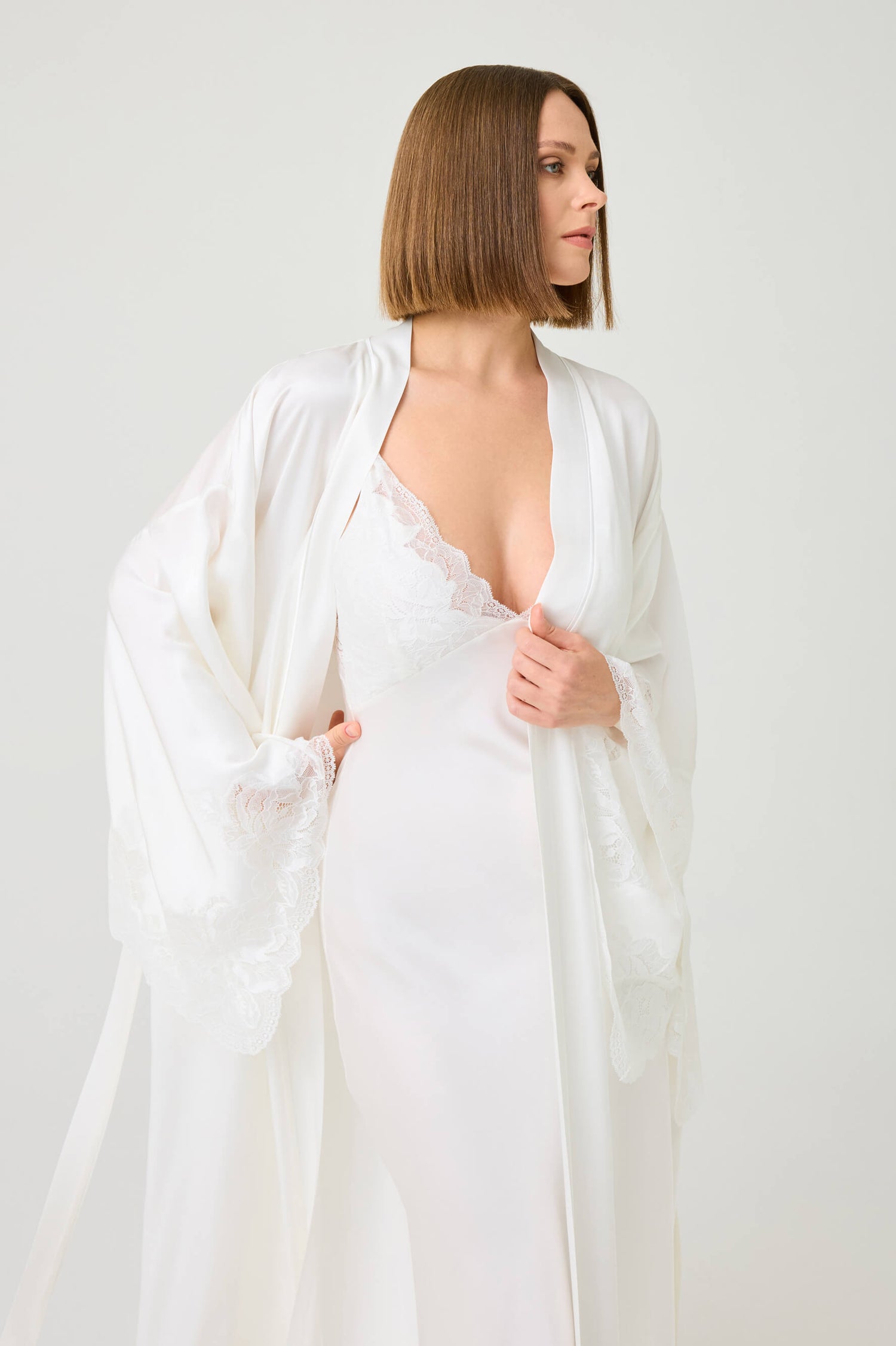 Ross Long Rayon Robe Set with Off White Lace on Off White