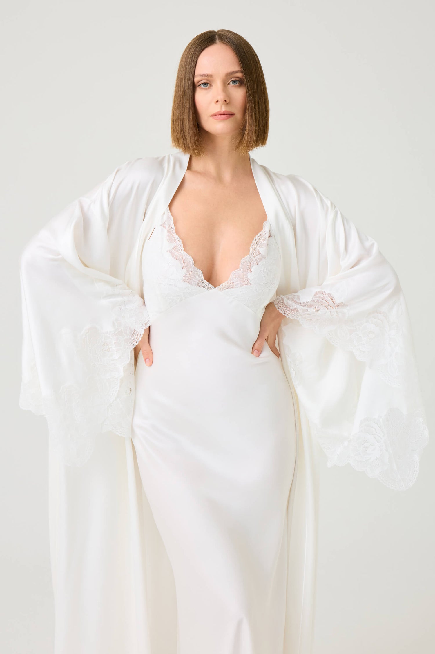 Ross Long Rayon Robe Set with Off White Lace on Off White