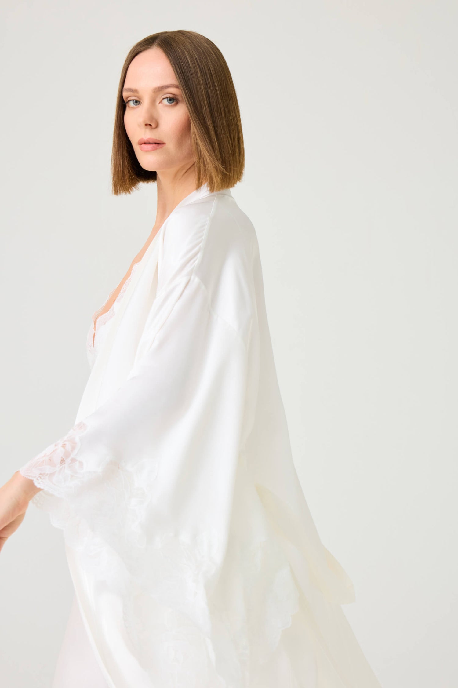 Ross Long Rayon Robe Set with Off White Lace on Off White