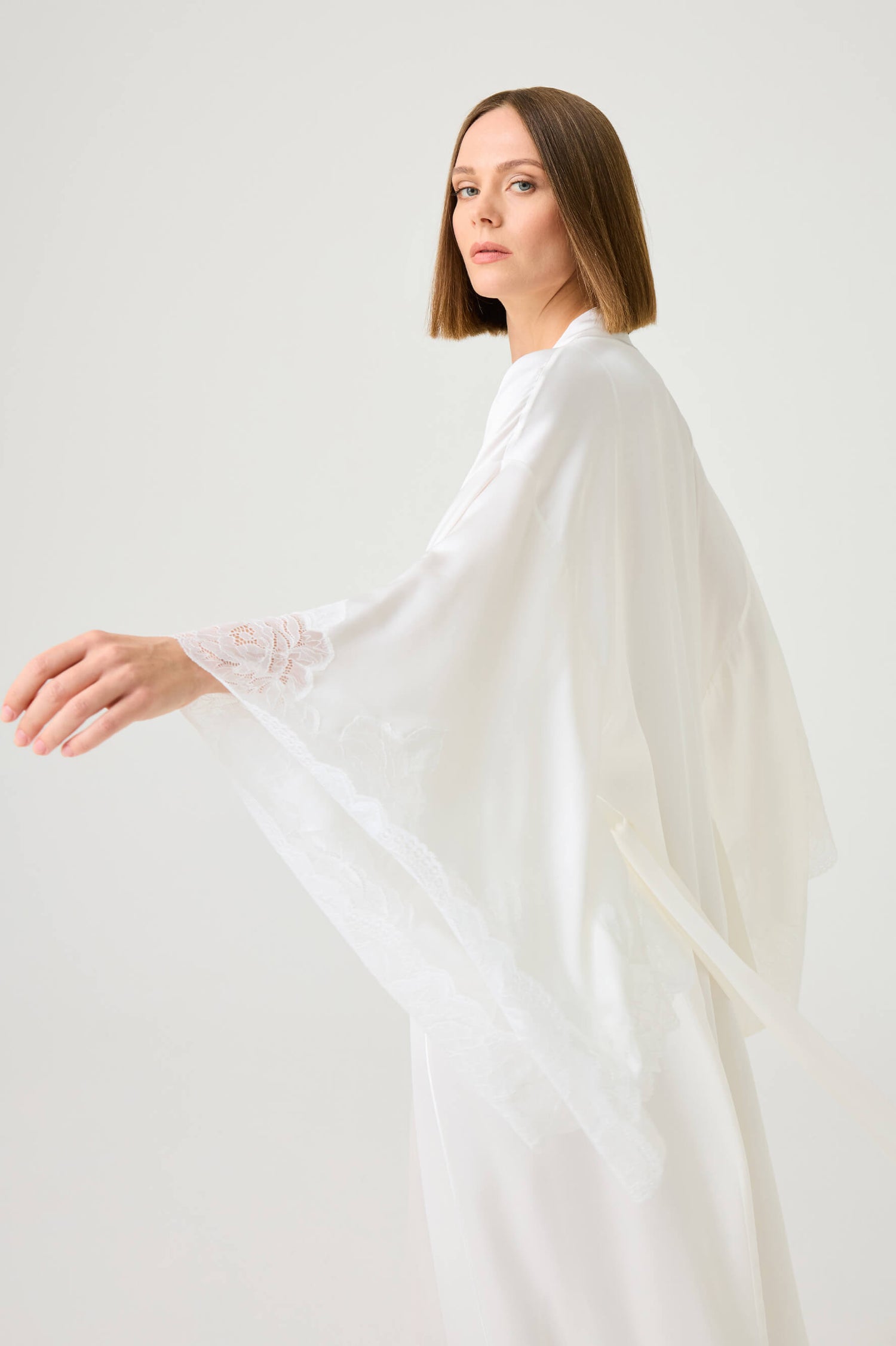Ross Long Rayon Robe Set with Off White Lace on Off White