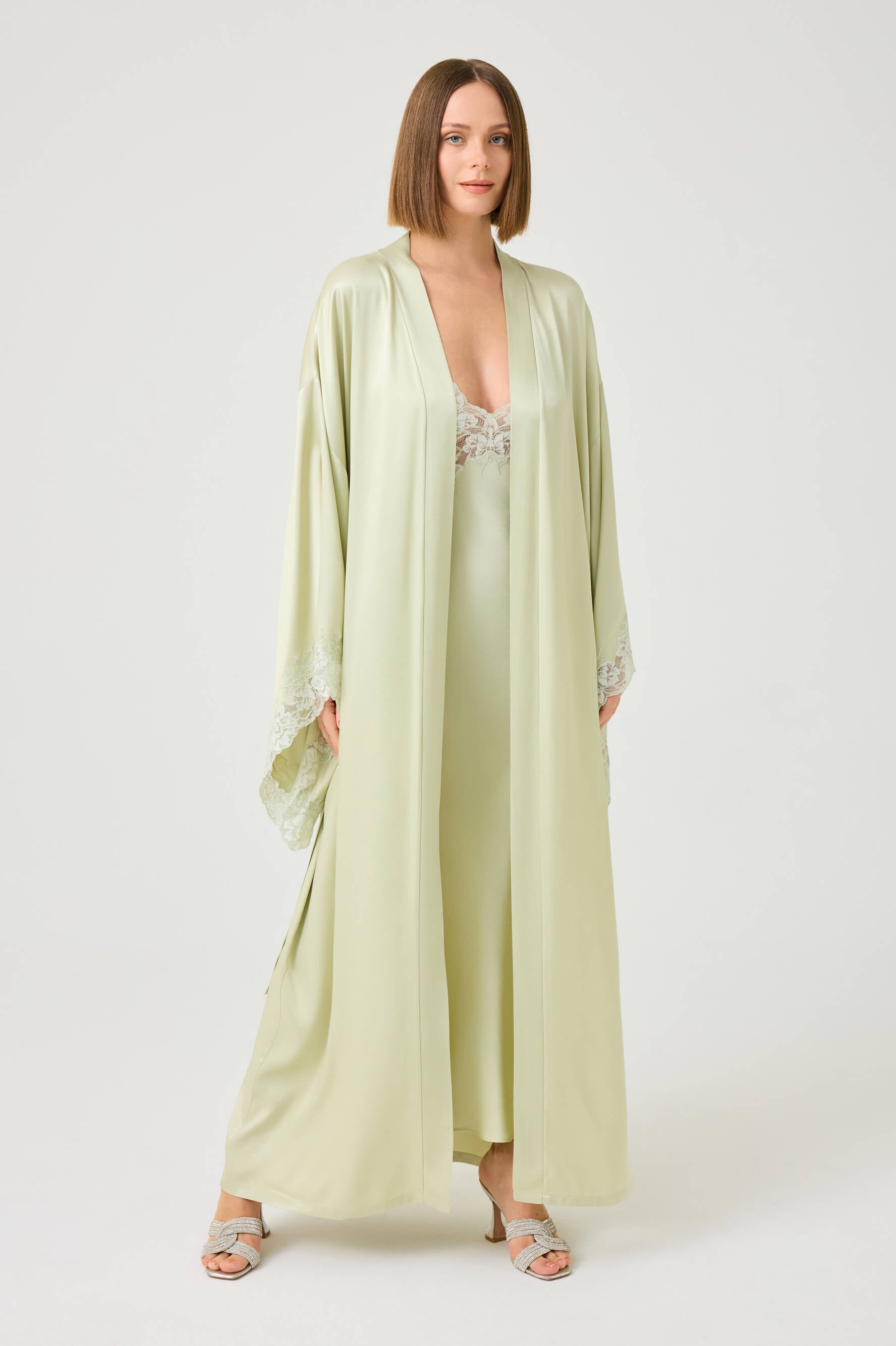 Heidi Long Rayon Robe Set with Light Green Lace on Light Green