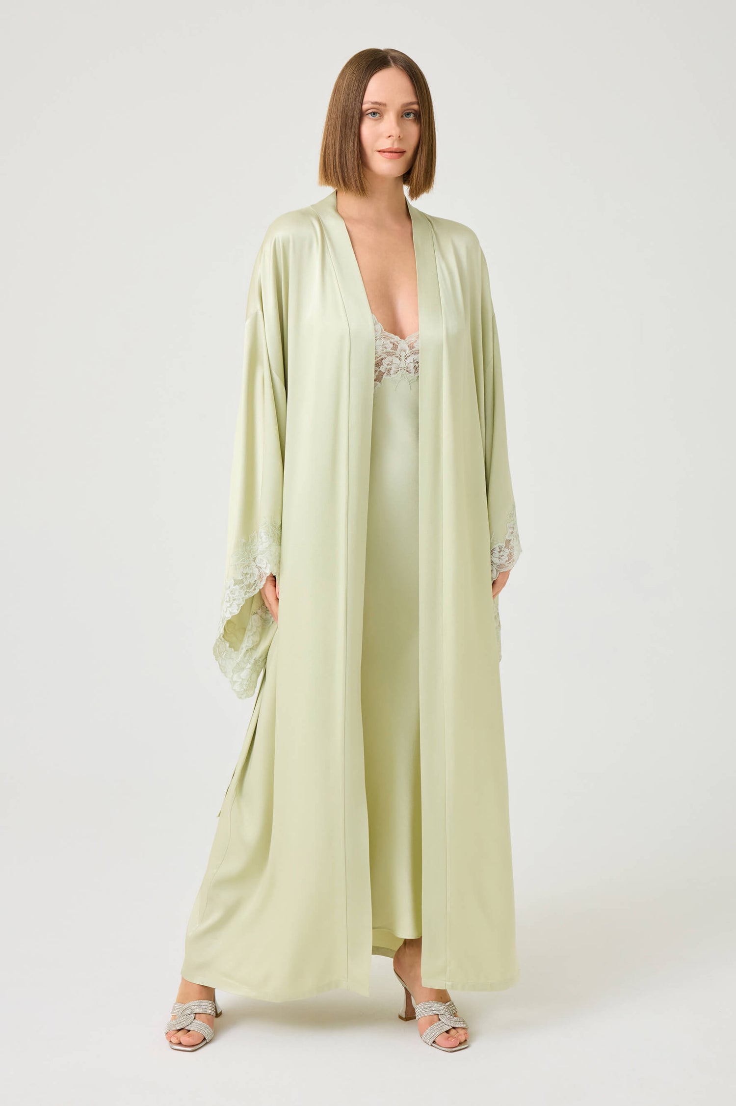Heidi Long Rayon Robe Set with Light Green Lace on Light Green